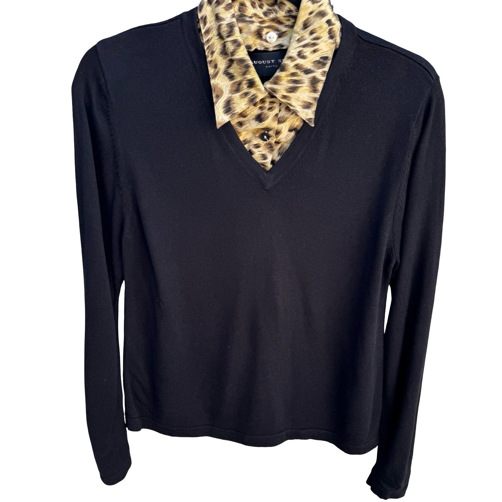 August Silk Knits Womens Black V-Neck Sweater Leopard Collar Layered Look Large