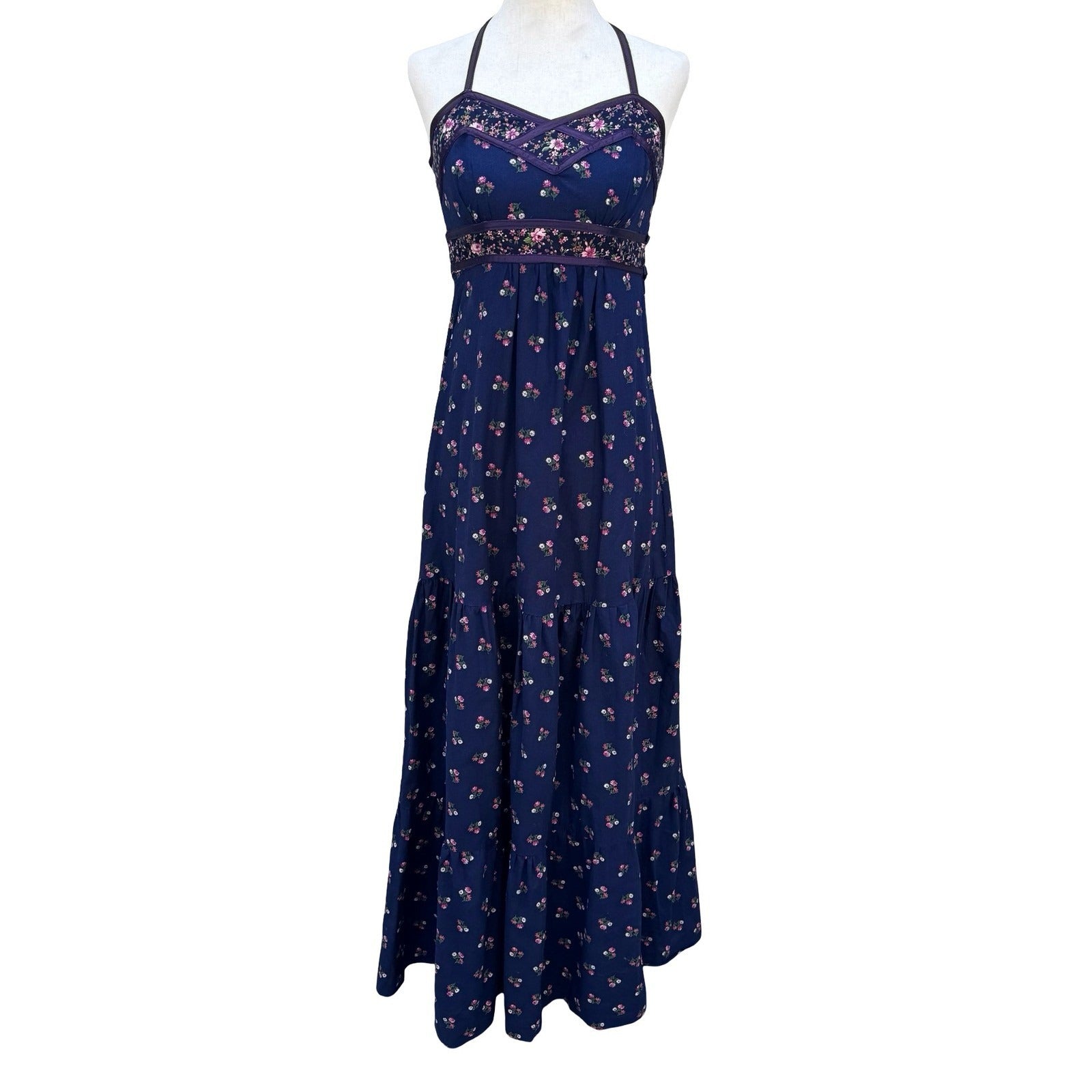 Phase Il Vintage California Navy Floral Cotton Tiered Halter Maxi Dress Smocked