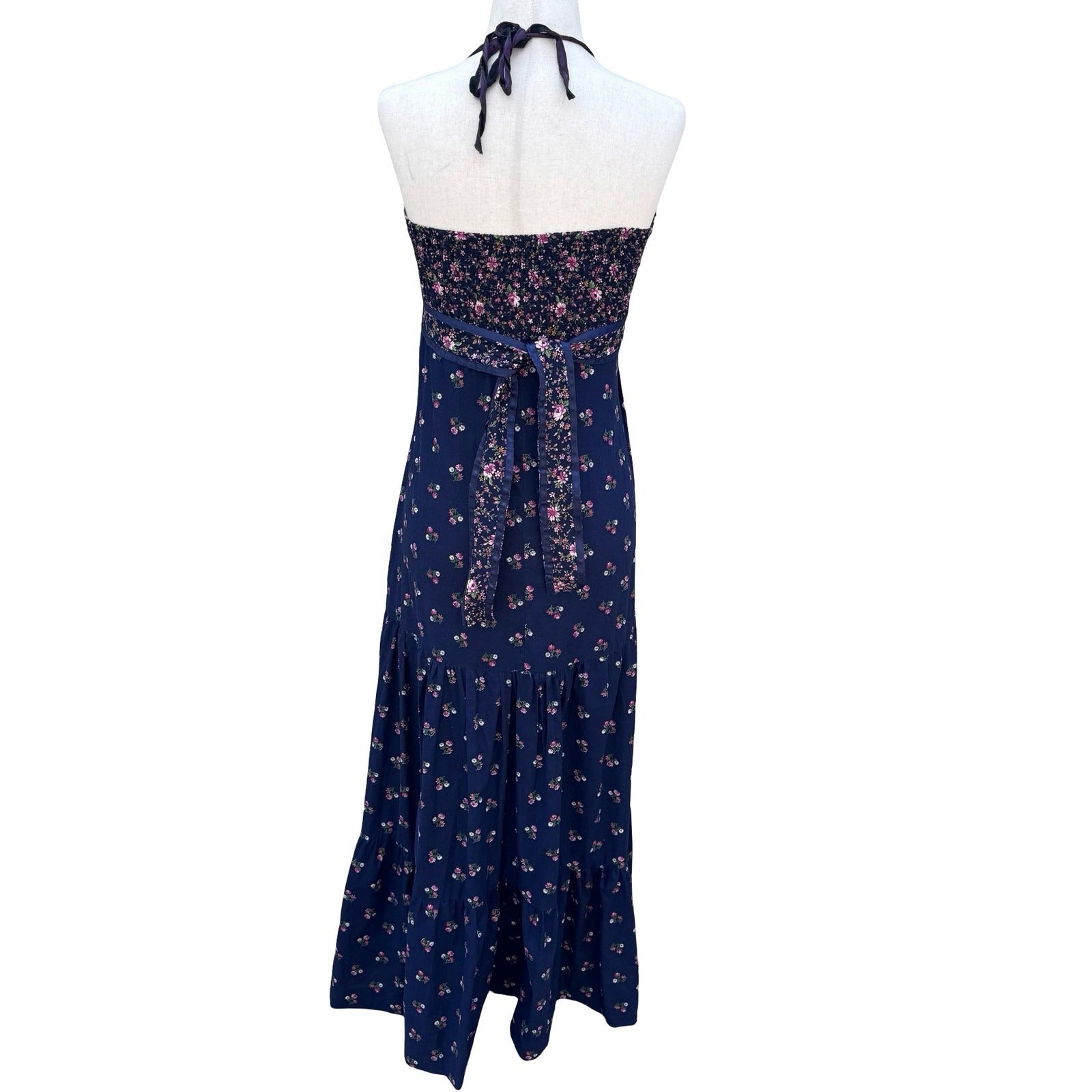 Phase Il Vintage California Navy Floral Cotton Tiered Halter Maxi Dress Smocked