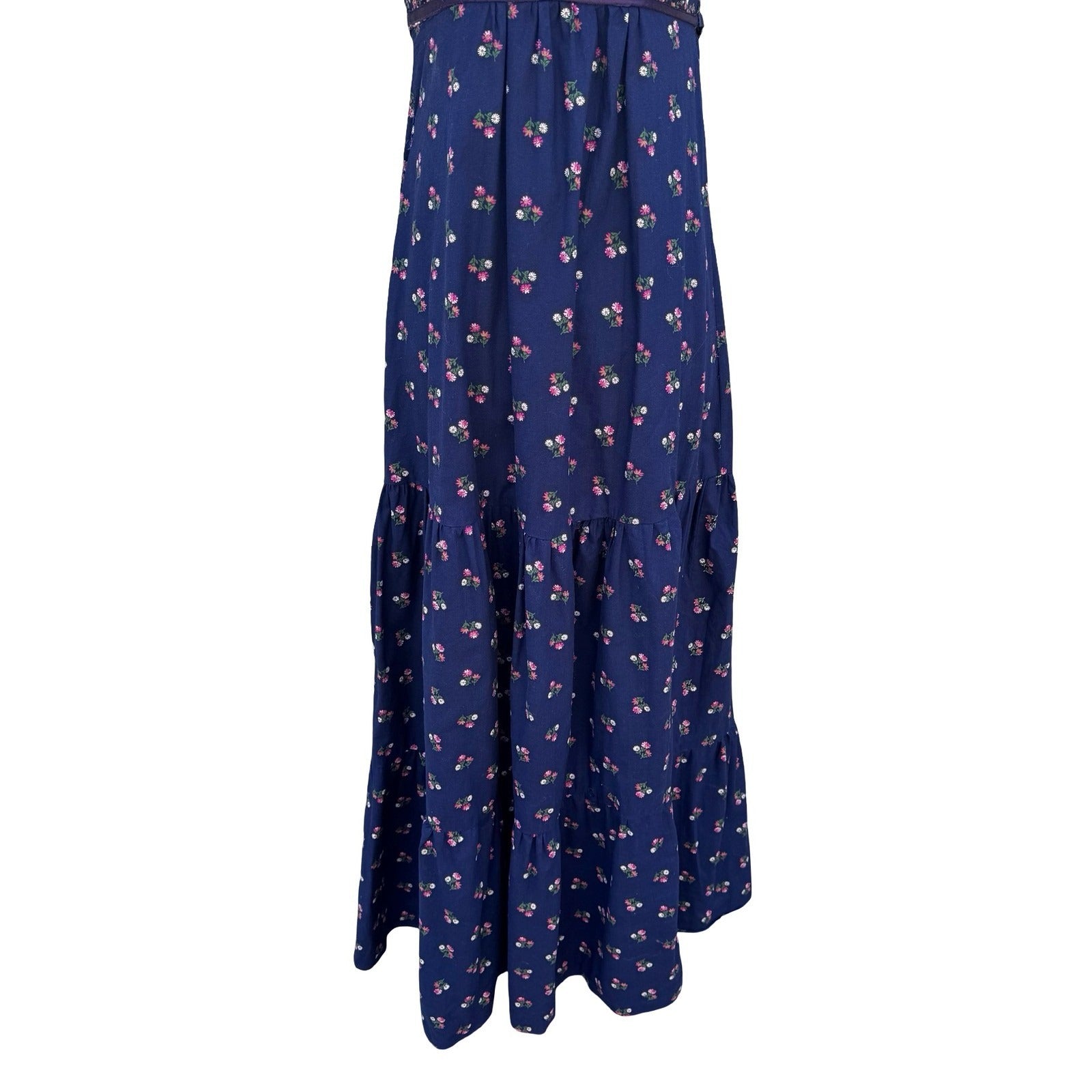 Phase Il Vintage California Navy Floral Cotton Tiered Halter Maxi Dress Smocked