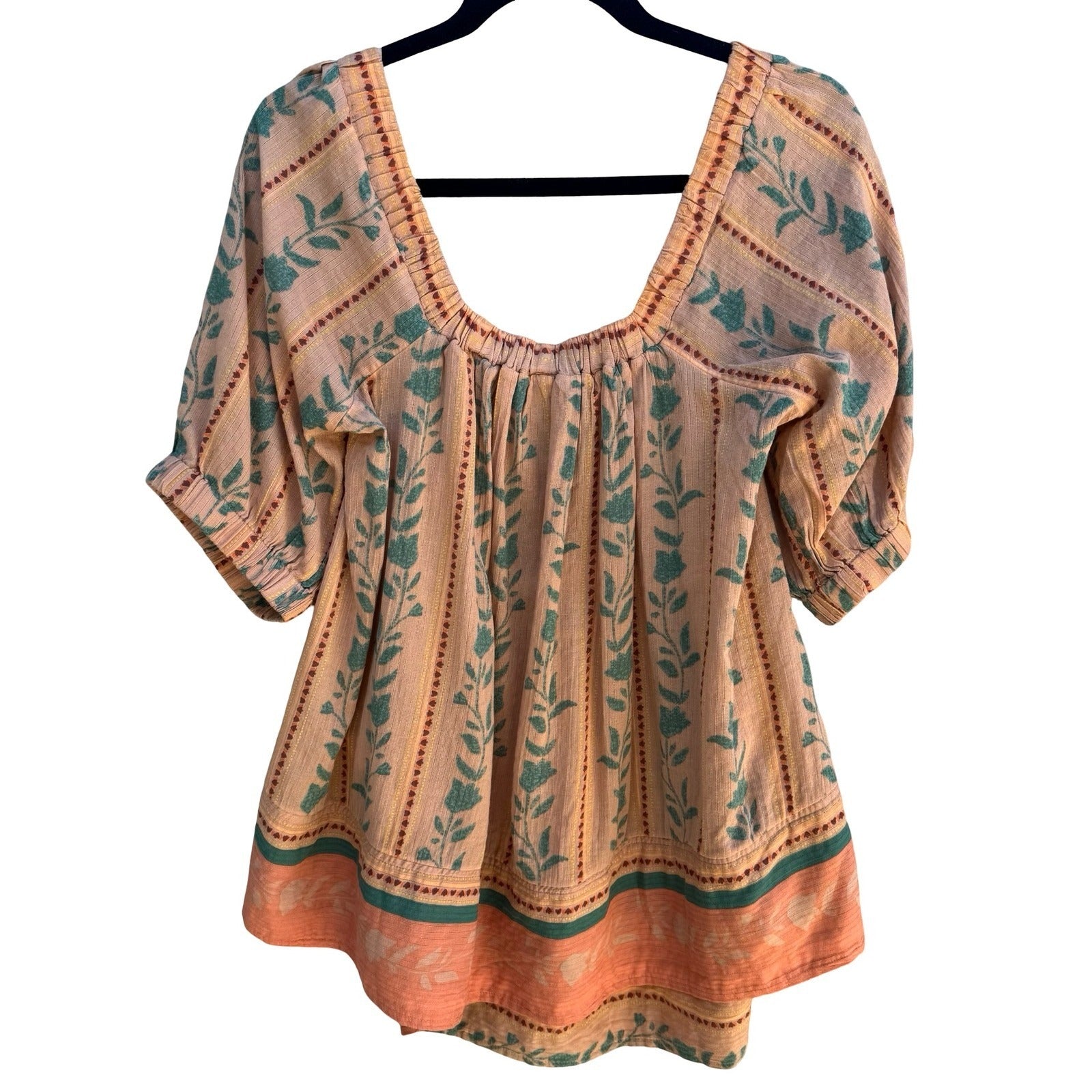 Free People Santorini Tunic Boho Cottage Floral Smocked Babydoll Gauze Peasant M