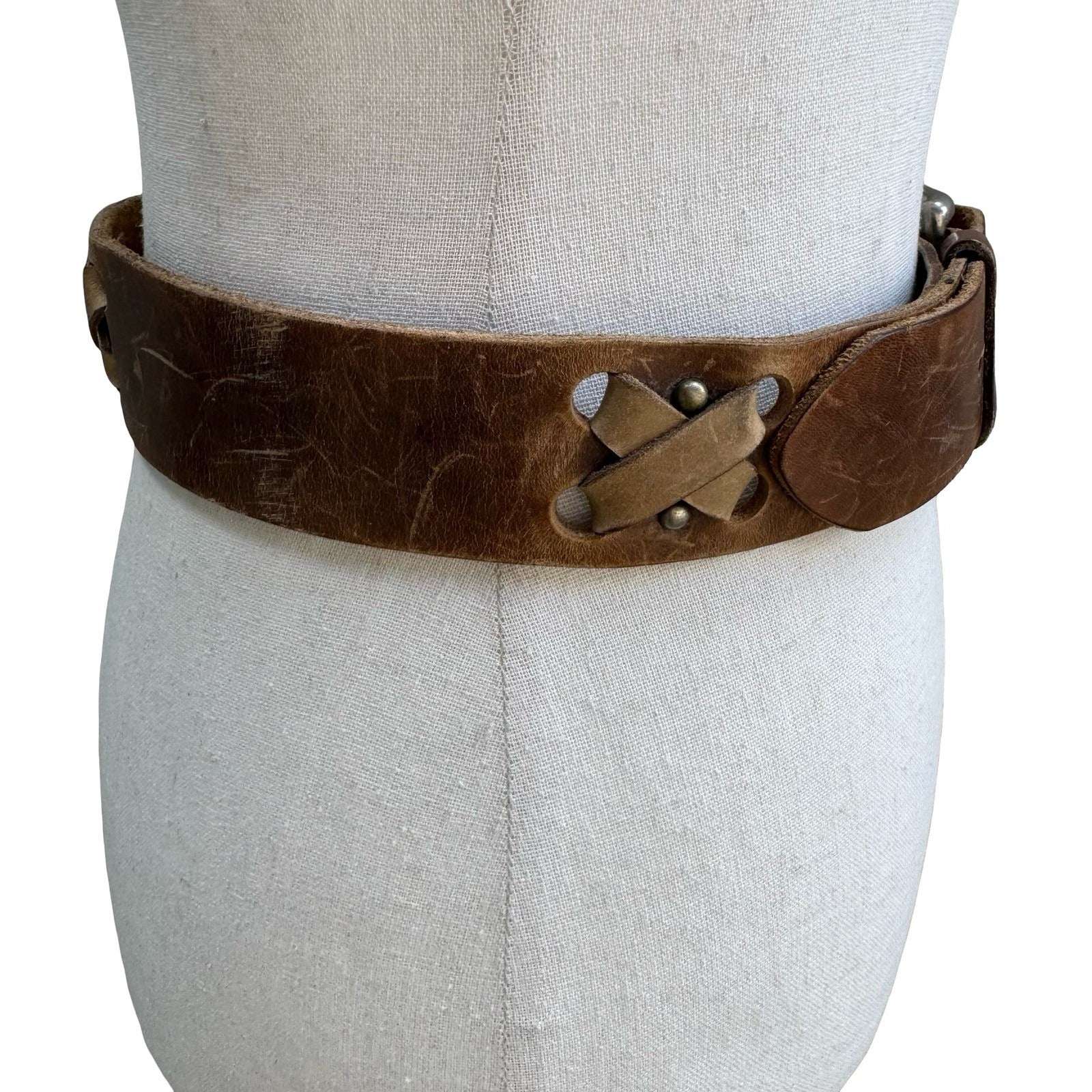 Vintage Handmade Brown Distressed Leather Belt Wide Criss Cross Studded Buckle L