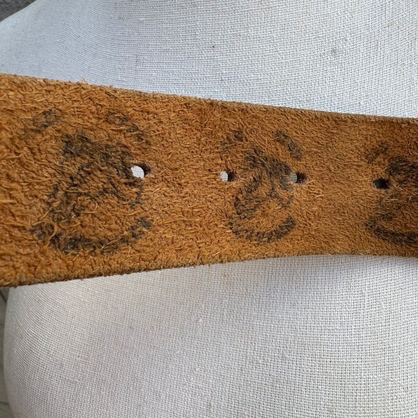 Vintage Handmade Brown Distressed Leather Belt Wide Criss Cross Studded Buckle L