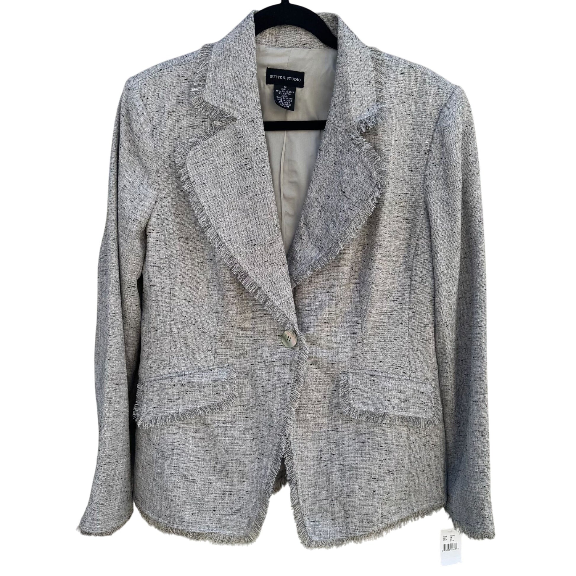 Sutton Studio Womens Frayed Tweed Gray Single Button Closure Blazer Jacket New 14
