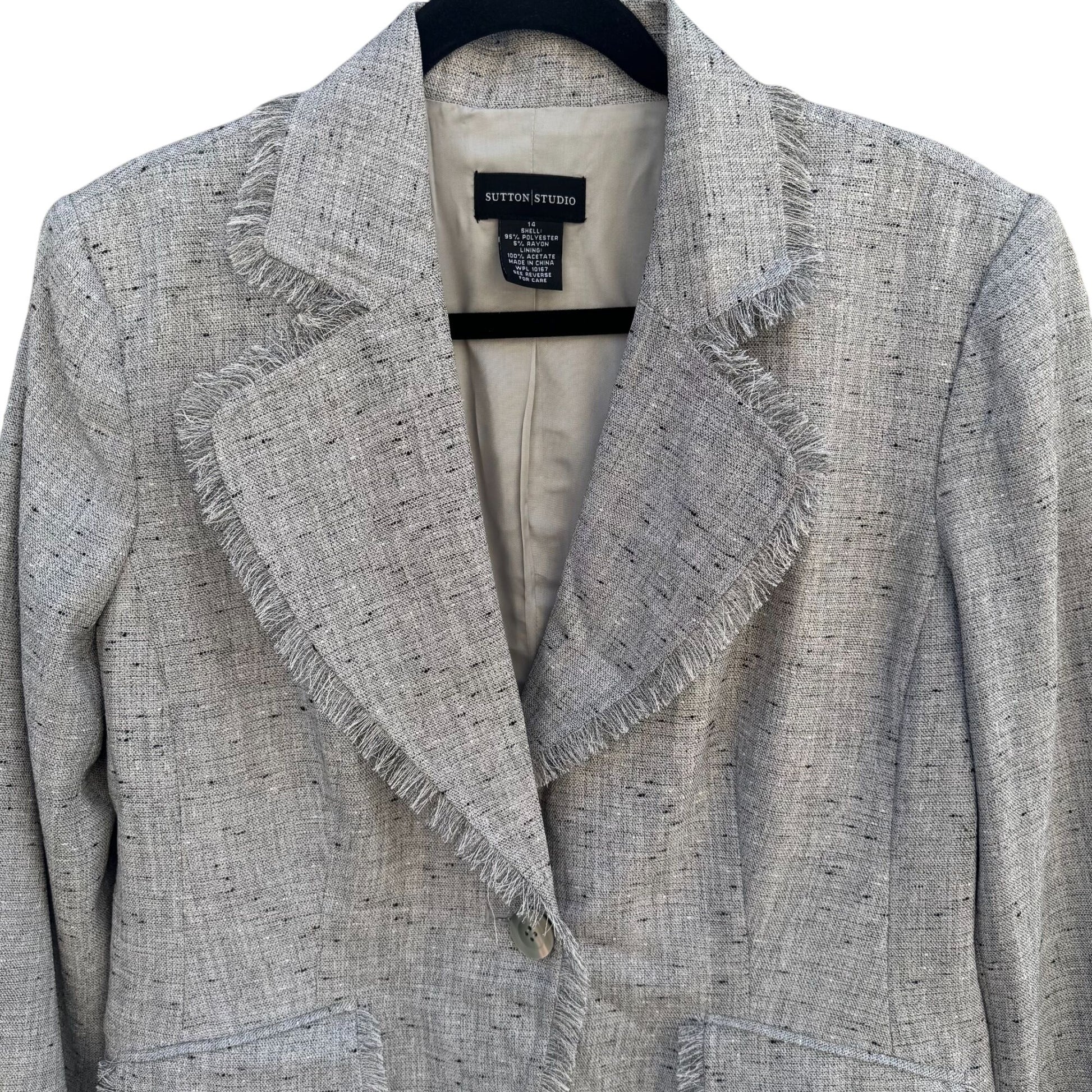 Sutton Studio Womens Frayed Tweed Gray Single Button Closure Blazer Jacket New 14
