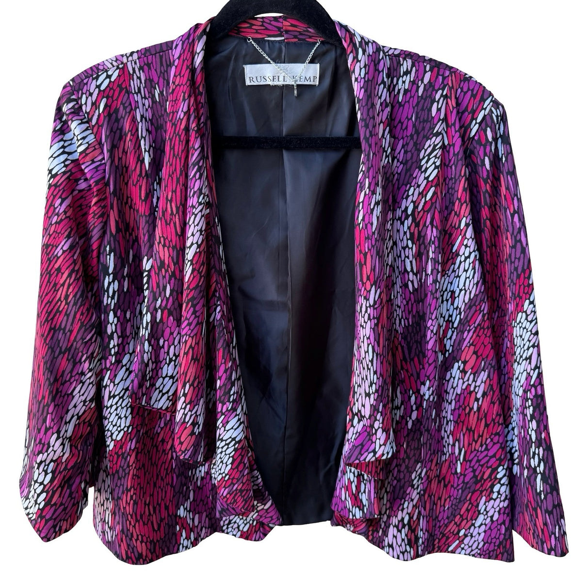Russell Kemp Art To Wear Abstract Pebble Print Draped Open Front Blazer Purple L