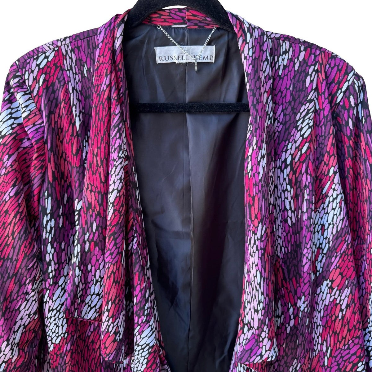 Russell Kemp Art To Wear Abstract Pebble Print Draped Open Front Blazer Purple L