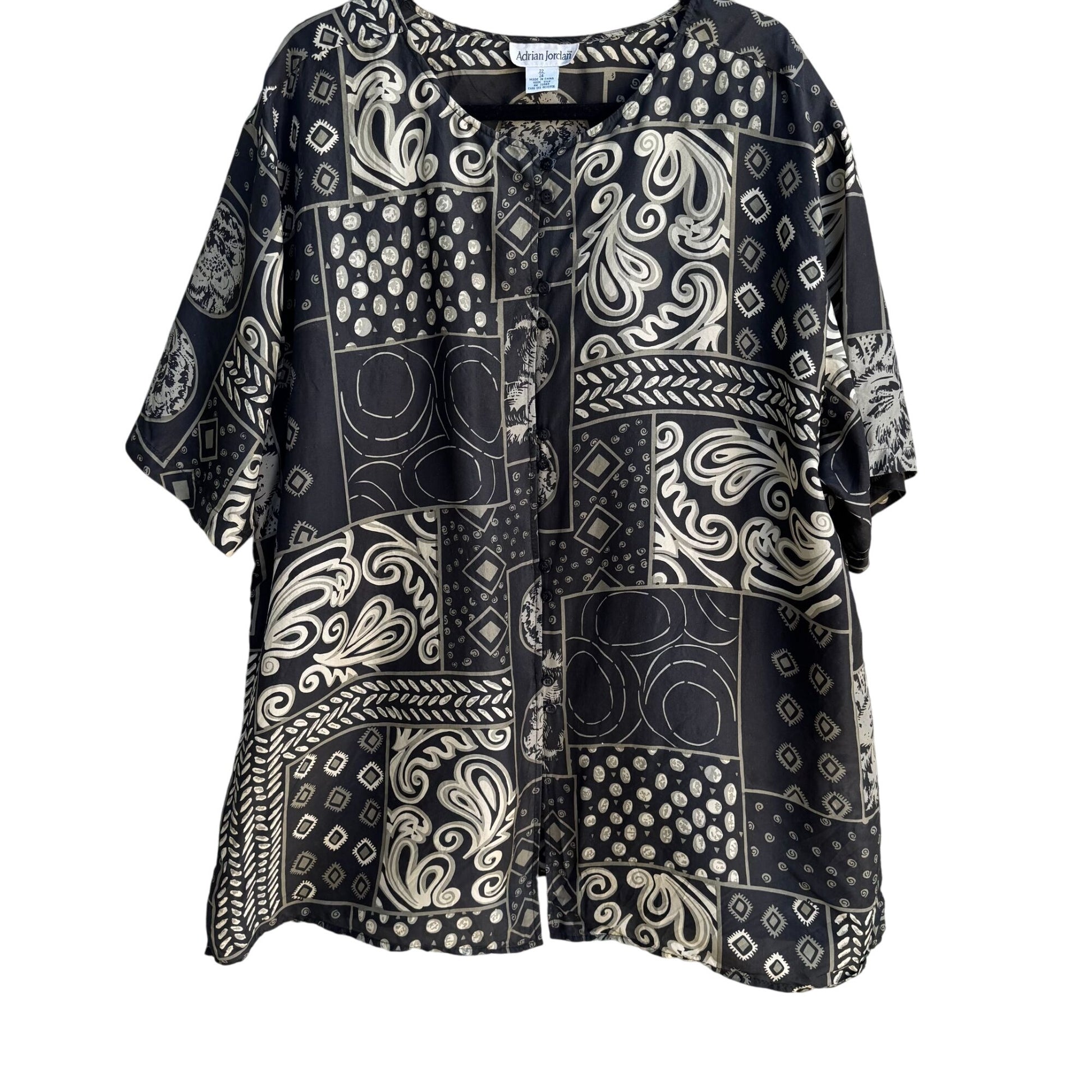 Adrian Jordan Vintage Black Beige Patchwork Paisley Pattern Silk Blouse 22/24