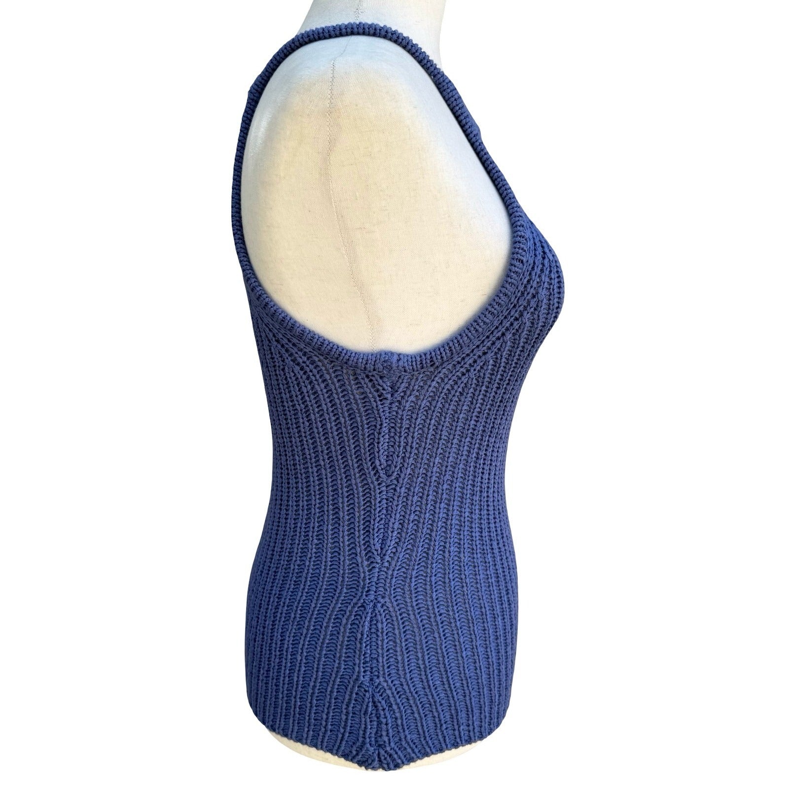 BCBG Nordstrom Y2K Blue Ribbed Chunky Knit Halter Sweater Tank Womens L Coastal