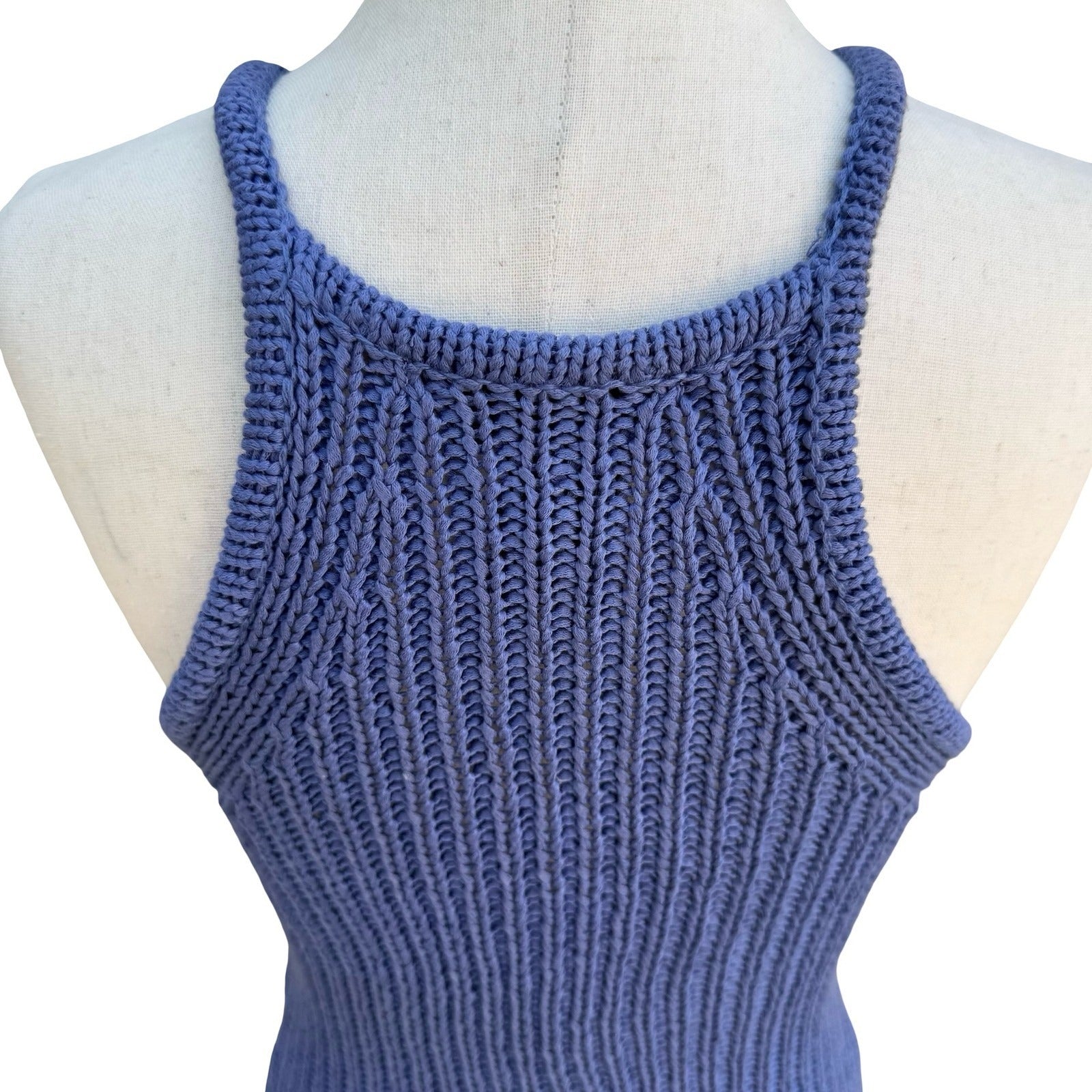 BCBG Nordstrom Y2K Blue Ribbed Chunky Knit Halter Sweater Tank Womens L Coastal