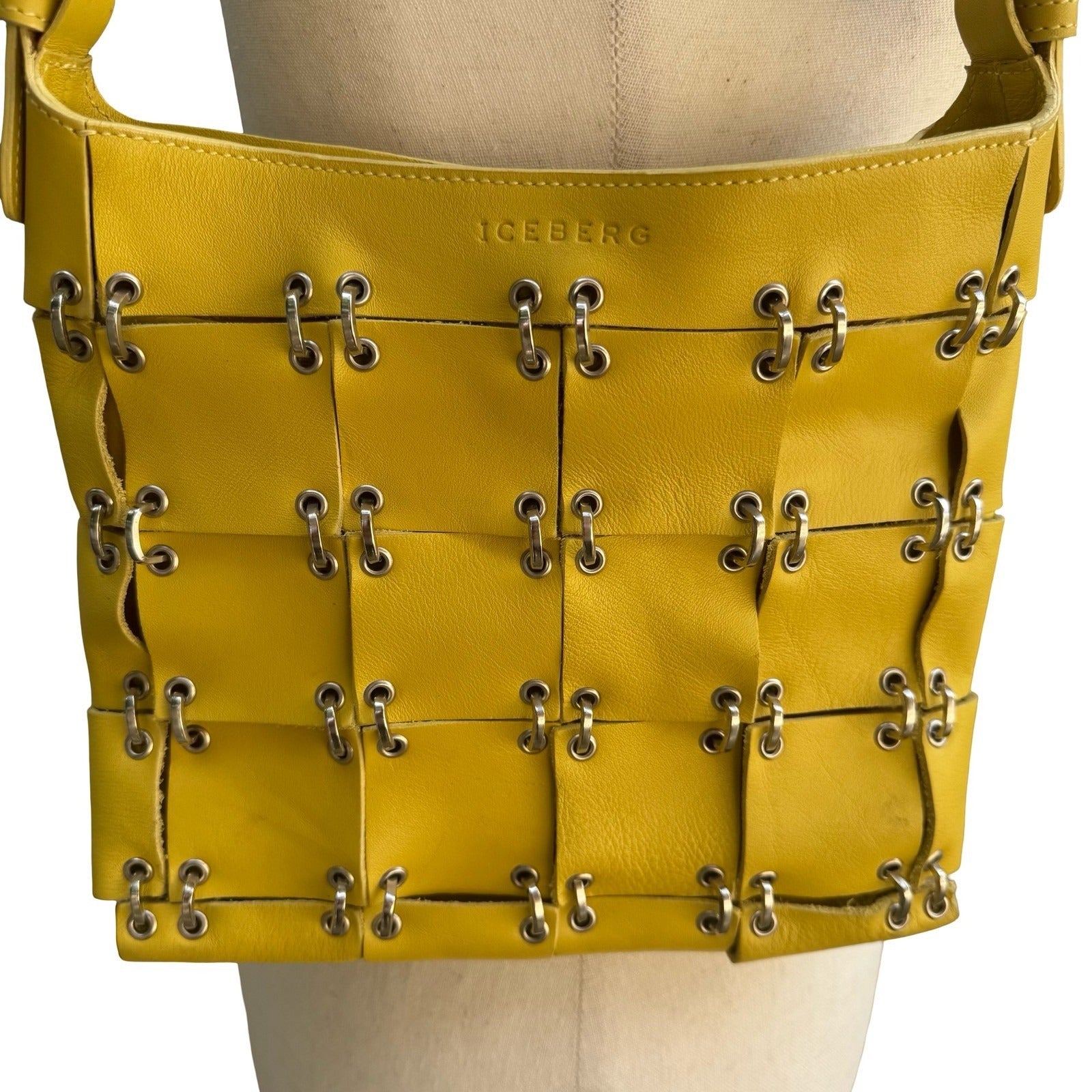 Iceberg Italian Vintage Y2K Avant Garde Yellow Leather Cage Ring Shoulder Bag