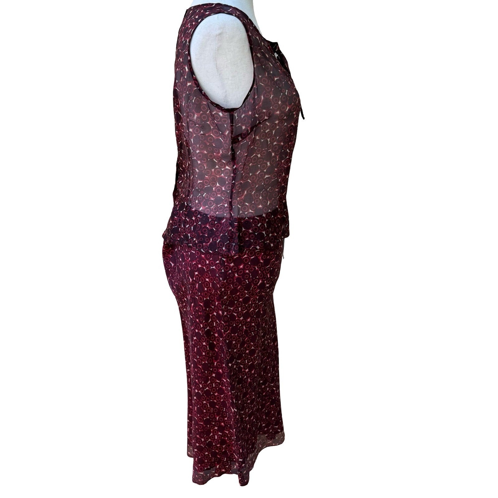 Lance Karesh Vintage Y2K Silk Geometric Sheer Peplum Top Midi Skirt Dress Set