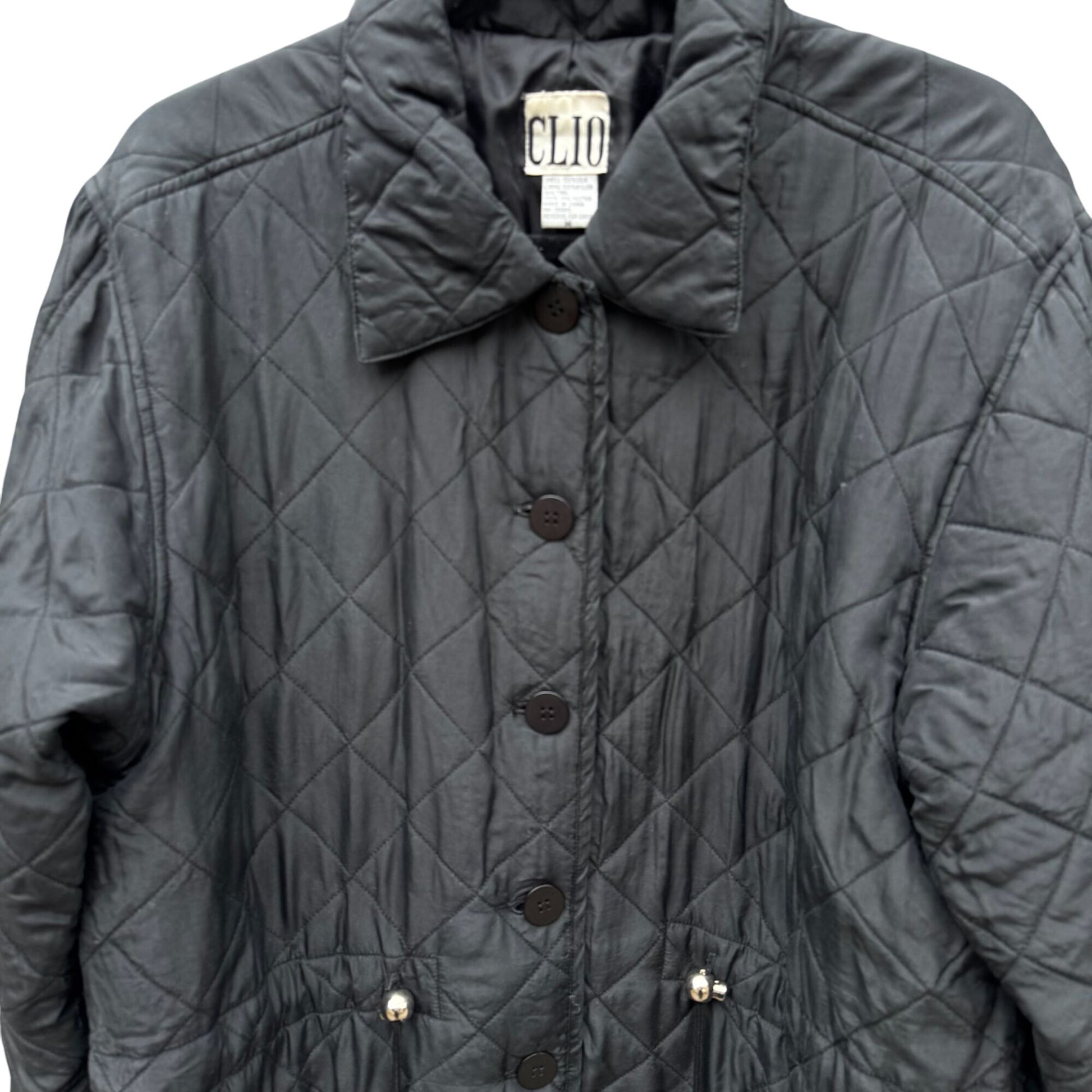 Clio Vintage Womens Black Quilted Jacket Button Front Pockets Drawstring Waist M