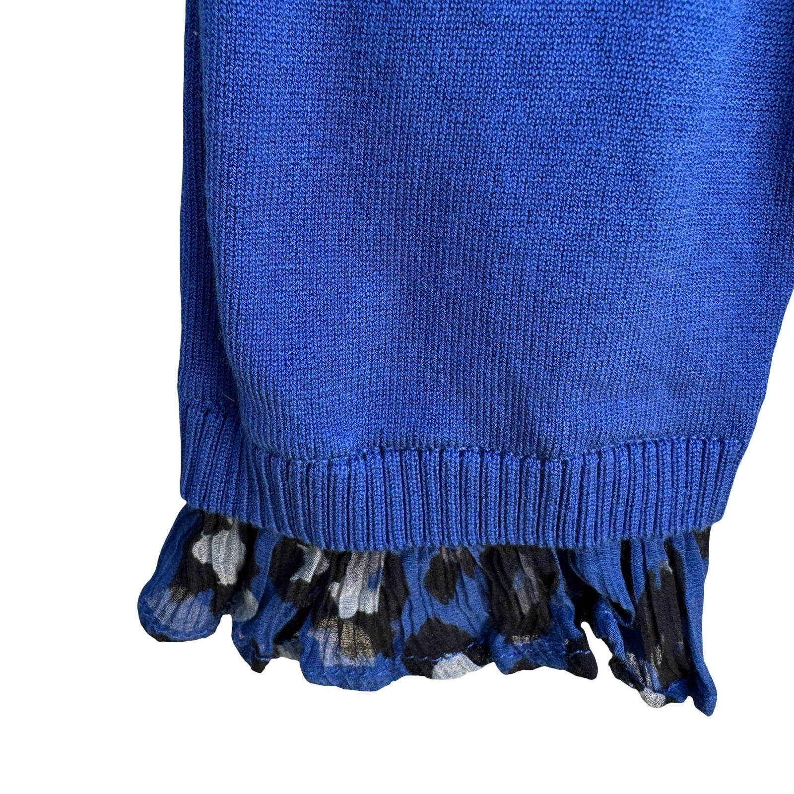Liberte by Emanuel Royal Blue Silk Blend Layered Animal Print Ruffle Sweater M