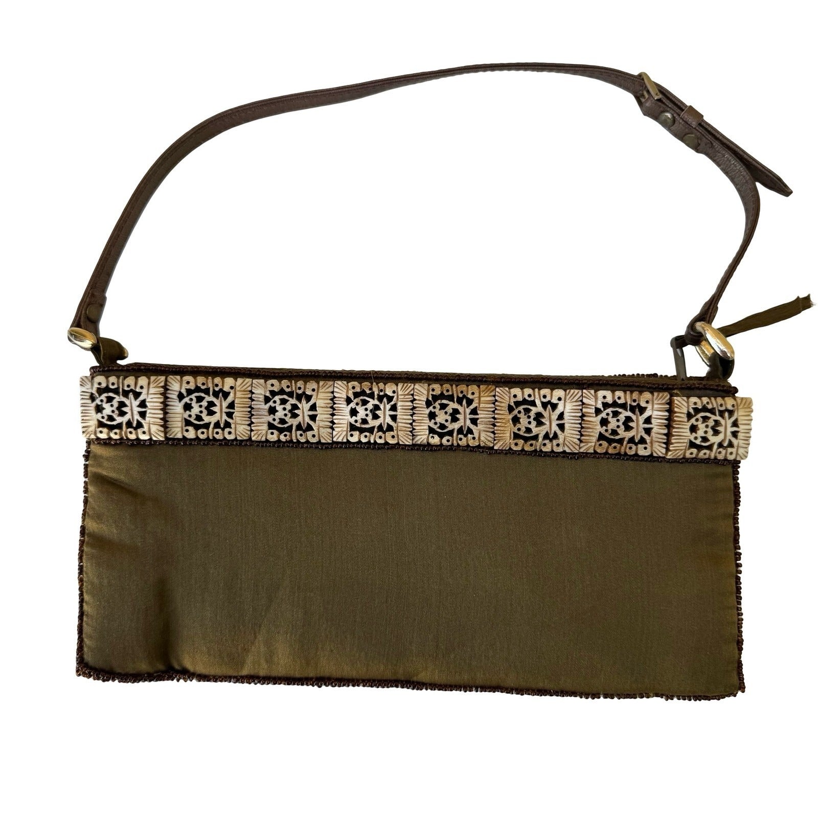 Chan Luu Y2K Carved Tile Shoulder Bag Green Beaded Boho Artisanal Festival Bag
