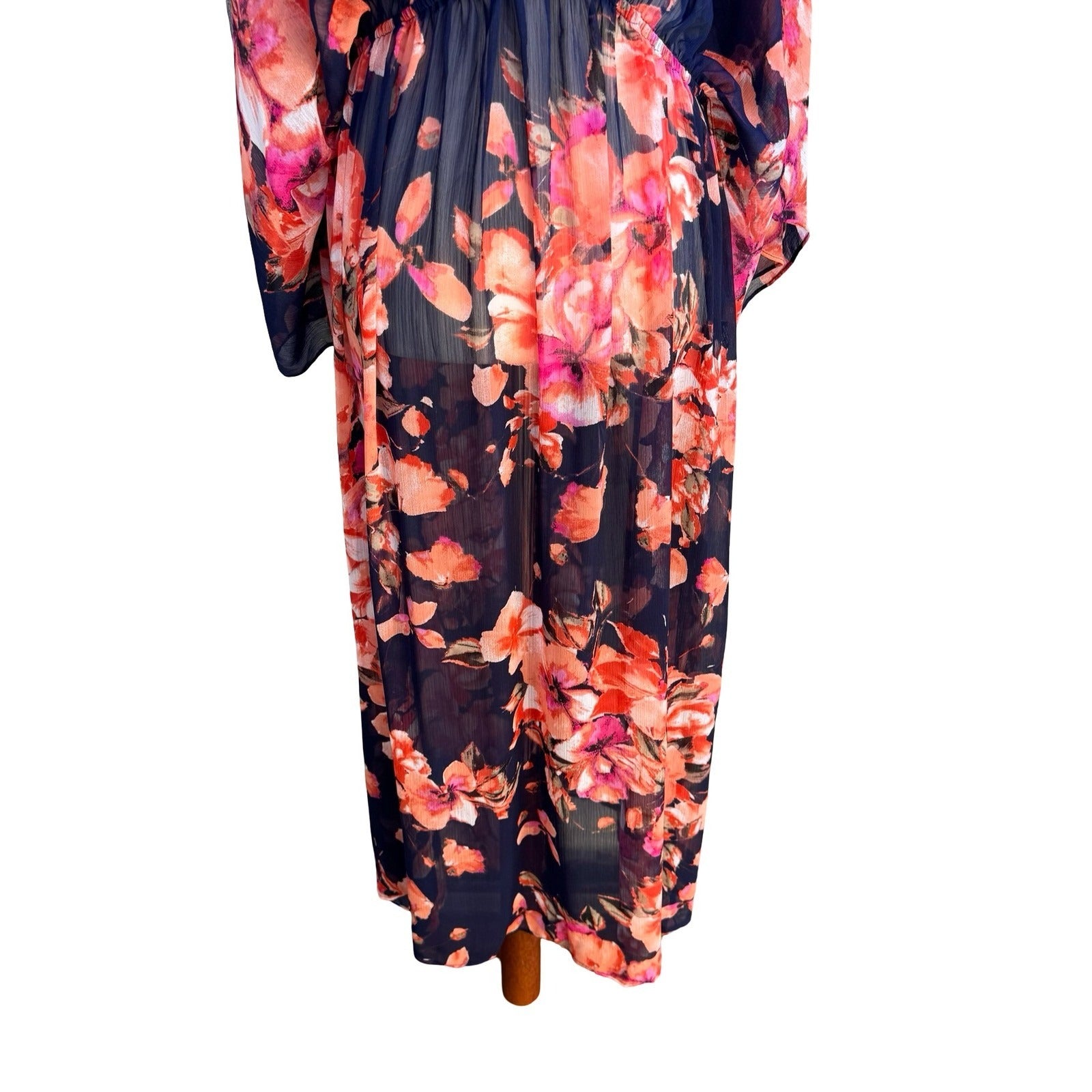 Curations Boho Ethereal Flowy Floral Sheer Maxi Dress Swim Cover Up Ruffle L