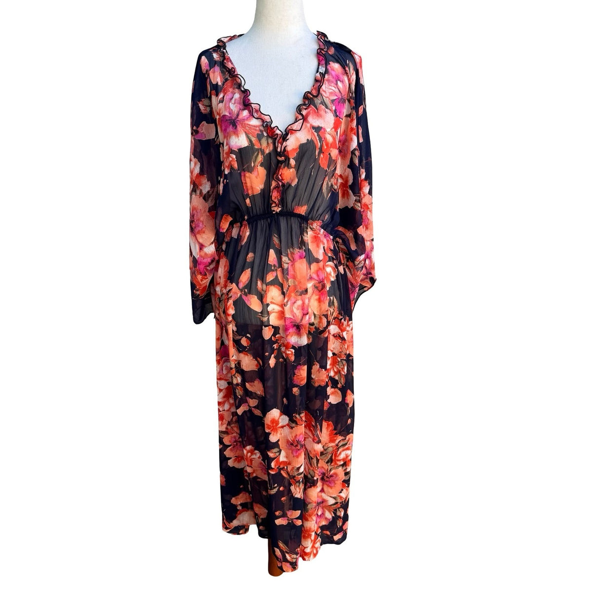 Curations Boho Ethereal Flowy Floral Sheer Maxi Dress Swim Cover Up Ruffle L