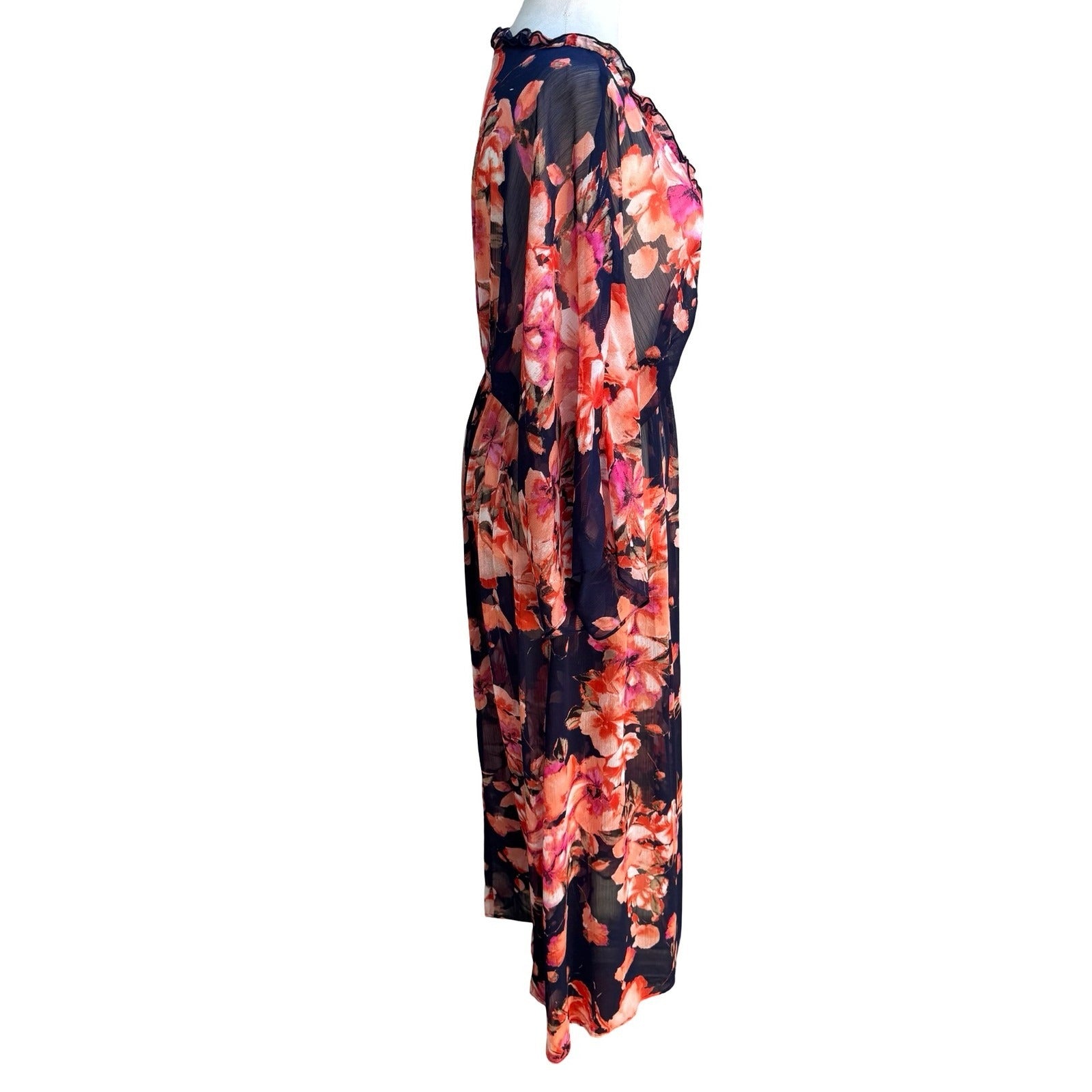 Curations Boho Ethereal Flowy Floral Sheer Maxi Dress Swim Cover Up Ruffle L
