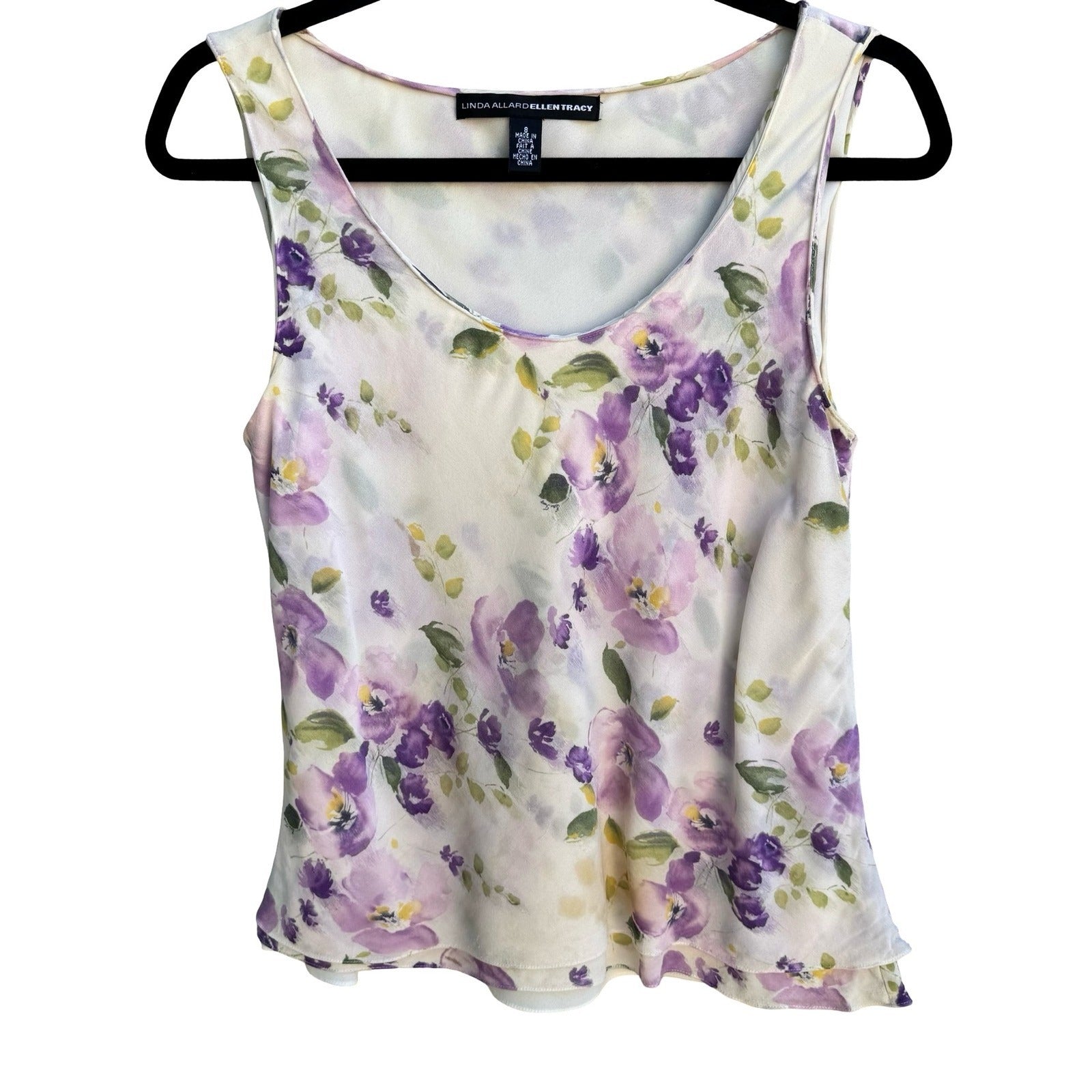 Linda Allard Ellen Tracy Silk Floral Romantic Feminine Purple Watercolor Top 8