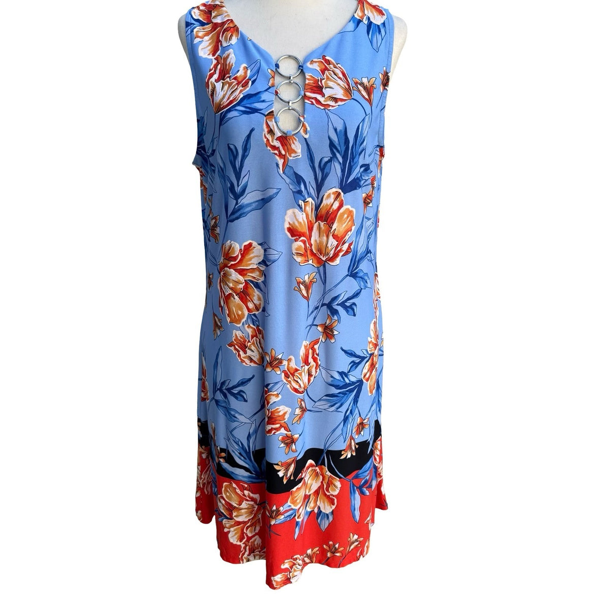 MSK Mod Resortwear Tropical Floral O-Ring Sleeveless Jersey Shift Dress Blue L