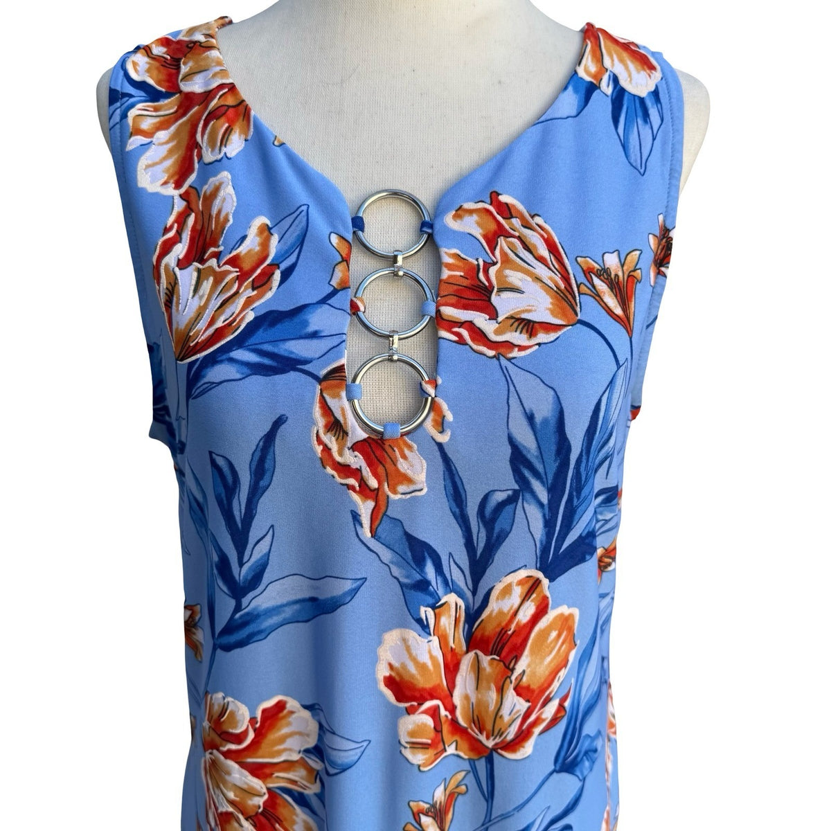 MSK Mod Resortwear Tropical Floral O-Ring Sleeveless Jersey Shift Dress Blue L