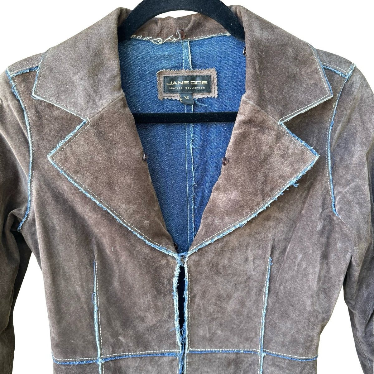 Jane Doe Y2K Suede Denim Contrast Stitch Raw Edge Trench Jacket Brown Womens XS