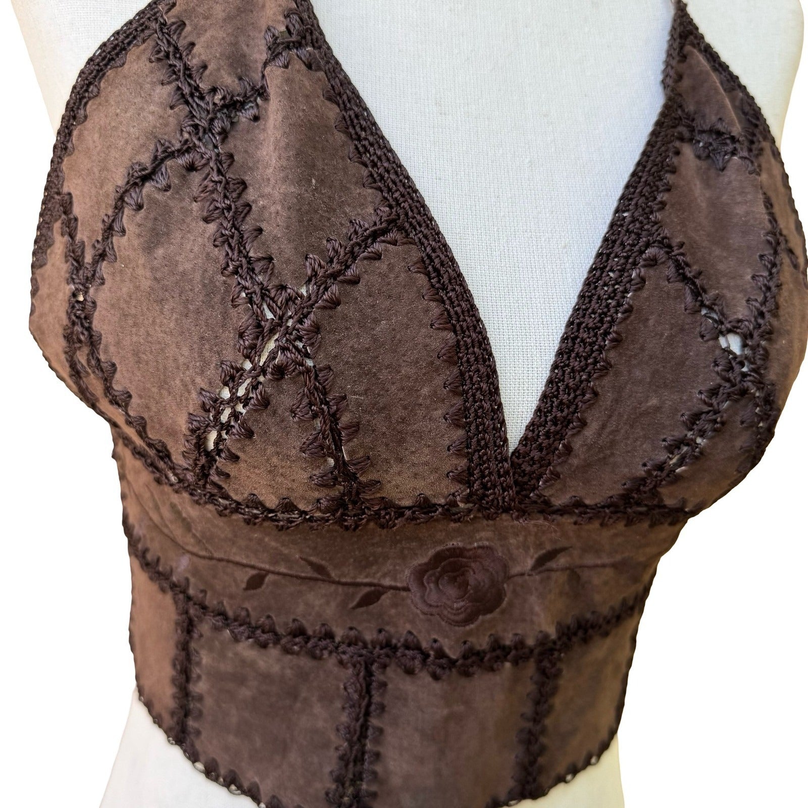 Vintage Y2K Brown Suede Crochet Trim Halter Crop Top Embroidered Boho Lace Up S