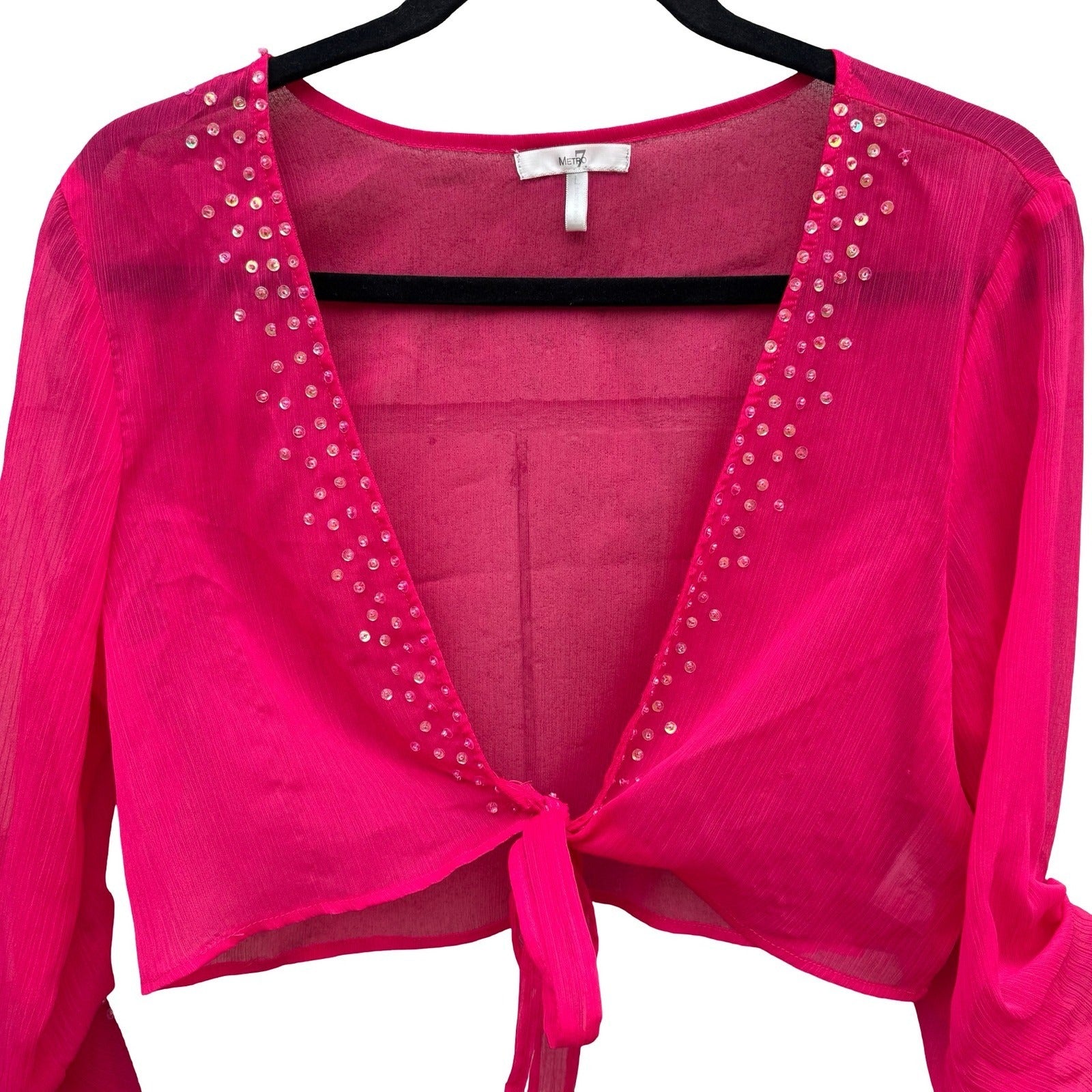 Metro 7 Y2K Womens L Pink Sequin Tie Front Sheer Cropped Shrug Bolero Glam Party