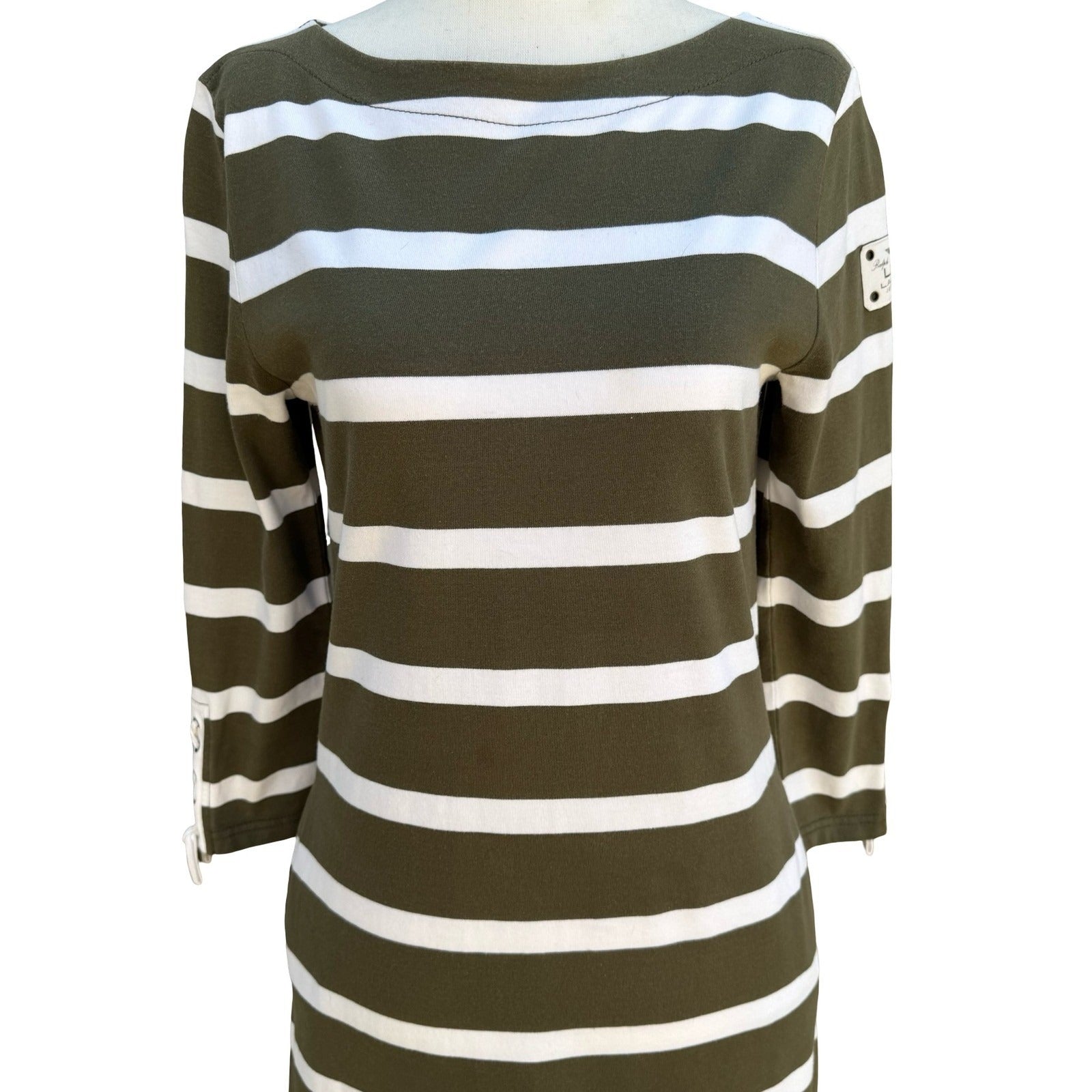 Lauren Ralph Lauren Green Nautical Striped Lace Up Sleeve Preppy Dress S Coastal