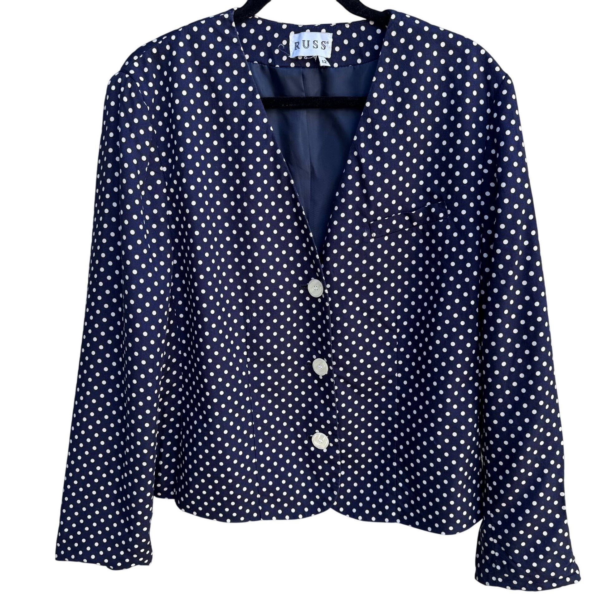 Russ Vintage Navy White Polka Dot Womens Retro Chic Lined Preppy Jacket Blazer