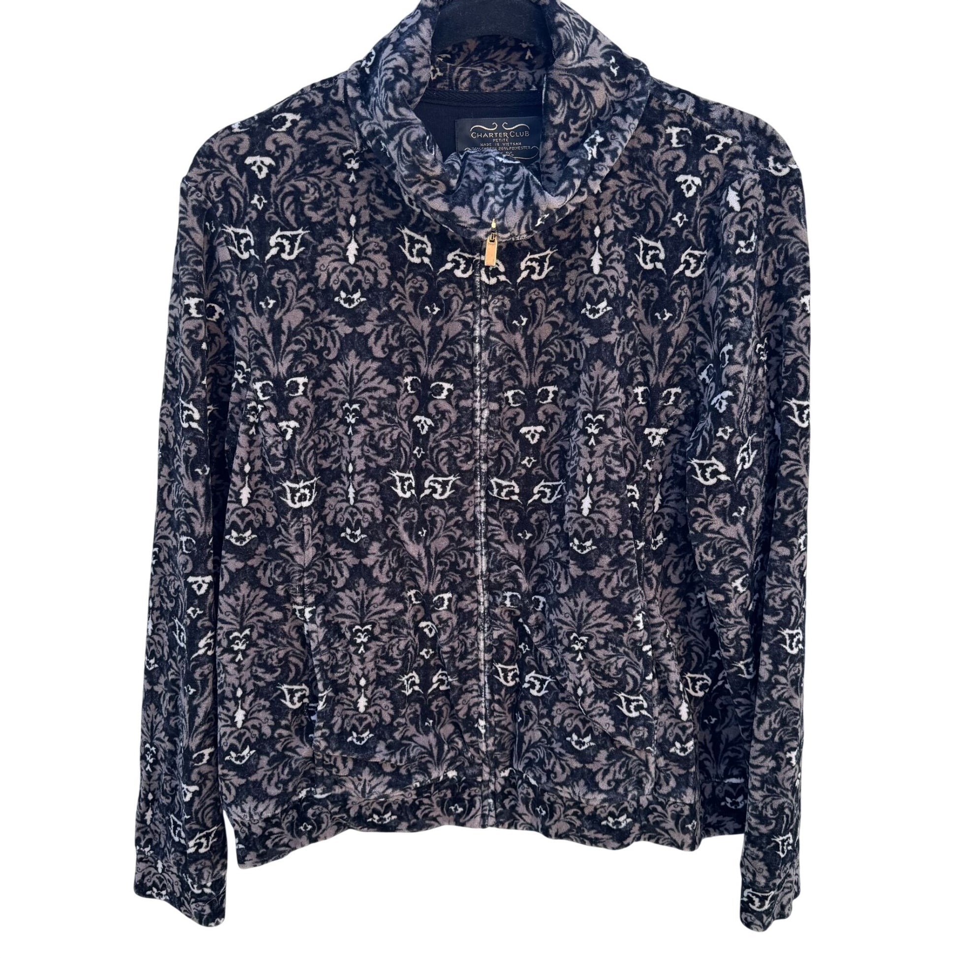 Charter Club Petite Womens Black Gray Damask Pattern Velour Zip-Up Jacket P/L