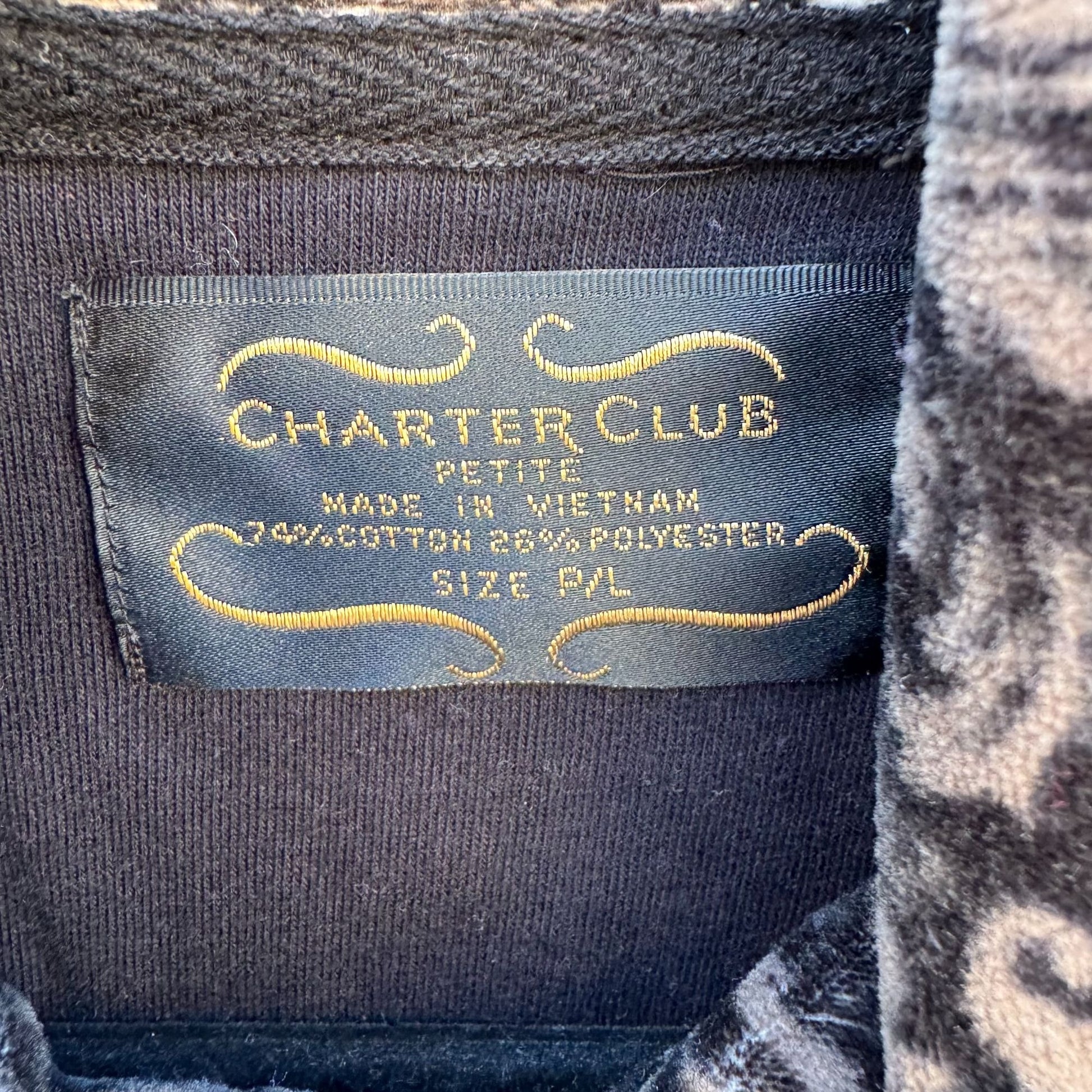 Charter Club Petite Womens Black Gray Damask Pattern Velour Zip-Up Jacket P/L