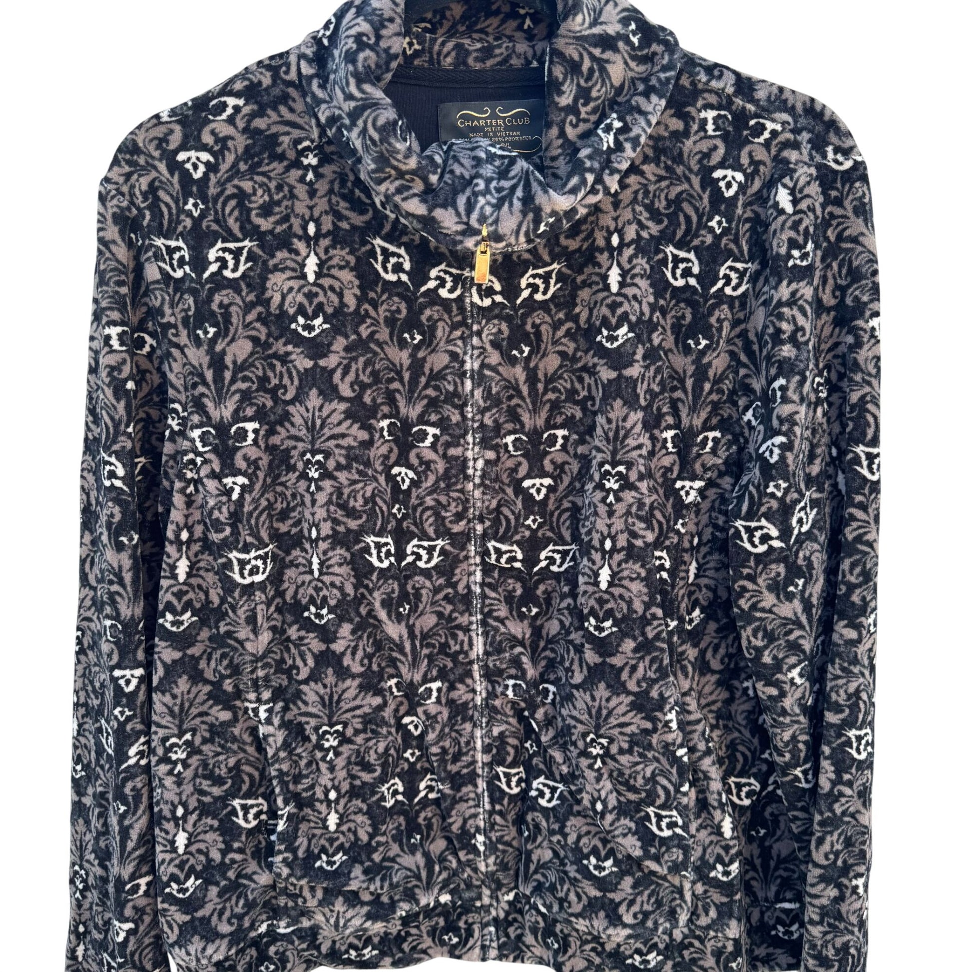 Charter Club Petite Womens Black Gray Damask Pattern Velour Zip-Up Jacket P/L