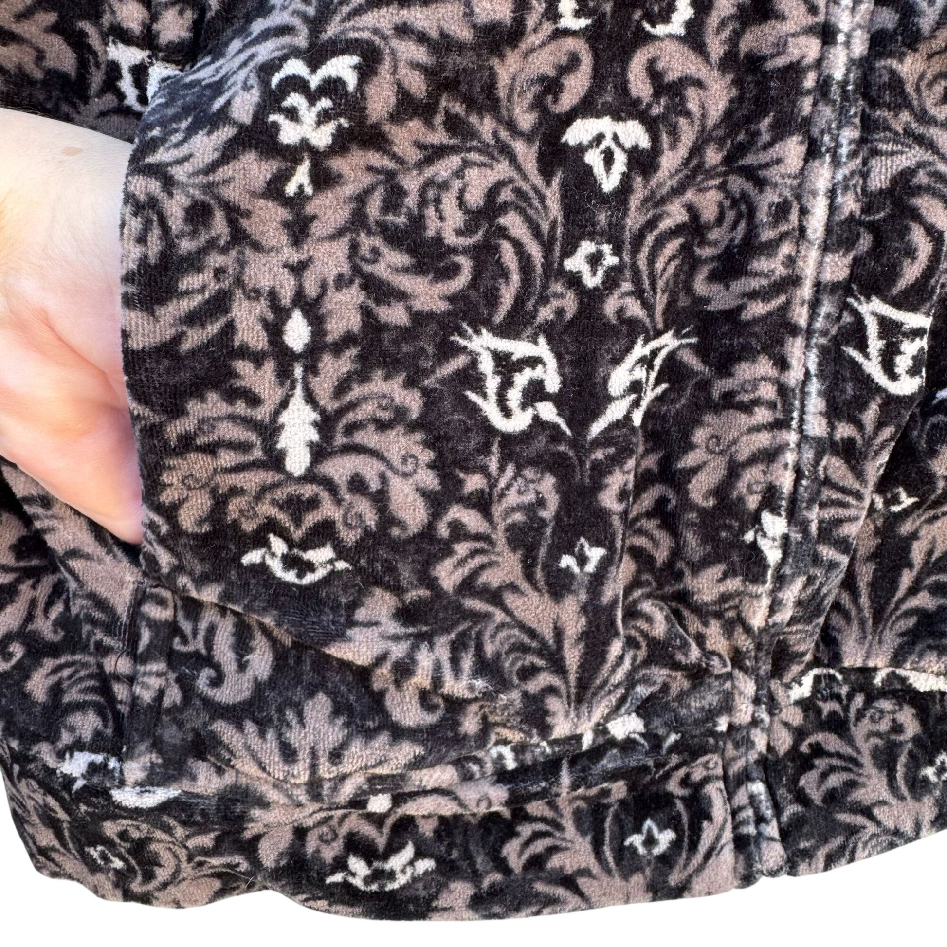 Charter Club Petite Womens Black Gray Damask Pattern Velour Zip-Up Jacket P/L