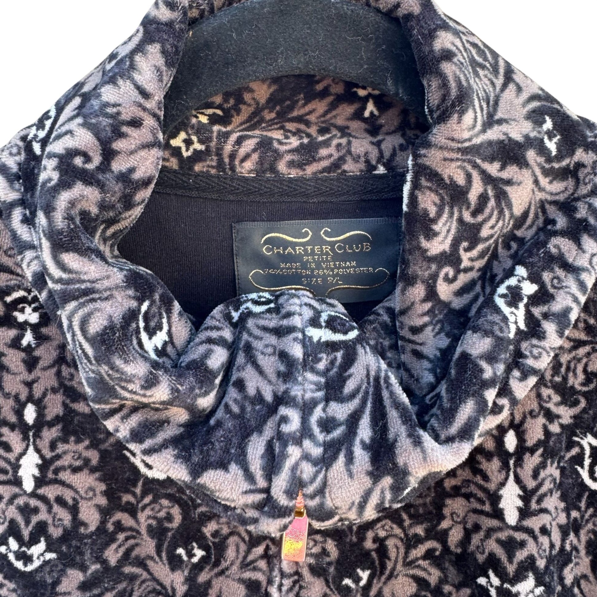 Charter Club Petite Womens Black Gray Damask Pattern Velour Zip-Up Jacket P/L