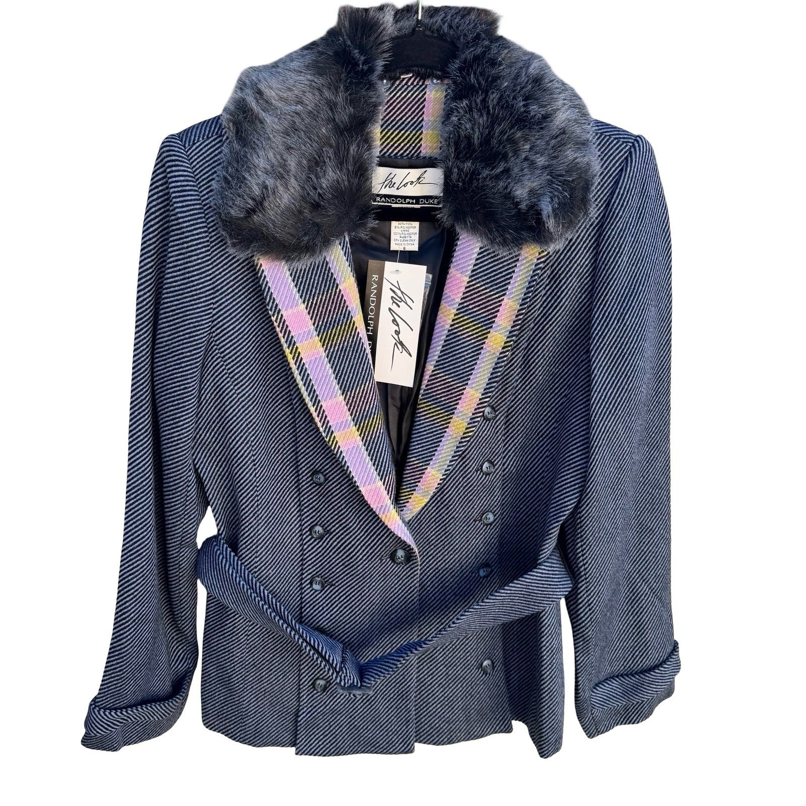 Randolph Duke The Look Wool Blend Blazer Faux Fur Collar Pastel Plaid Navy 6 NEW
