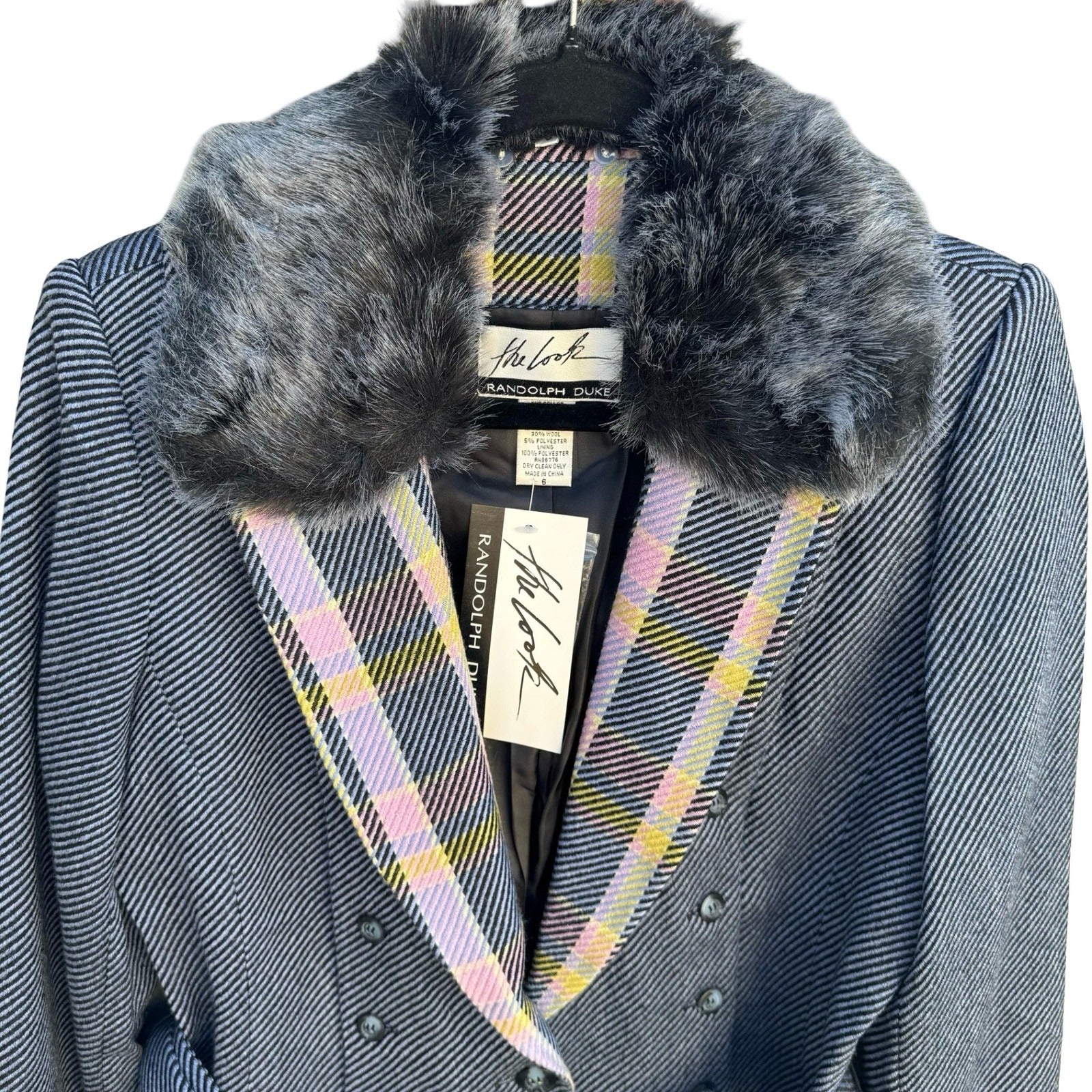 Randolph Duke The Look Wool Blend Blazer Faux Fur Collar Pastel Plaid Navy 6 NEW