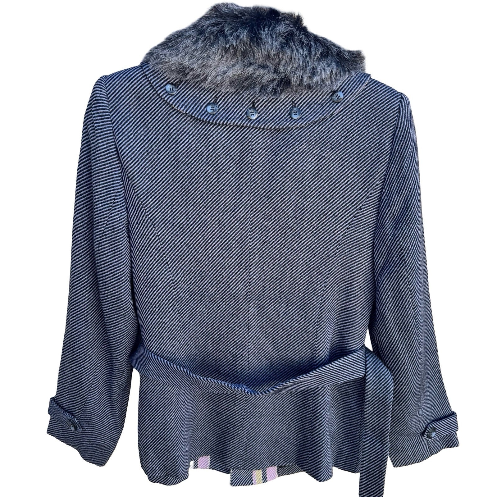 Randolph Duke The Look Wool Blend Blazer Faux Fur Collar Pastel Plaid Navy 6 NEW