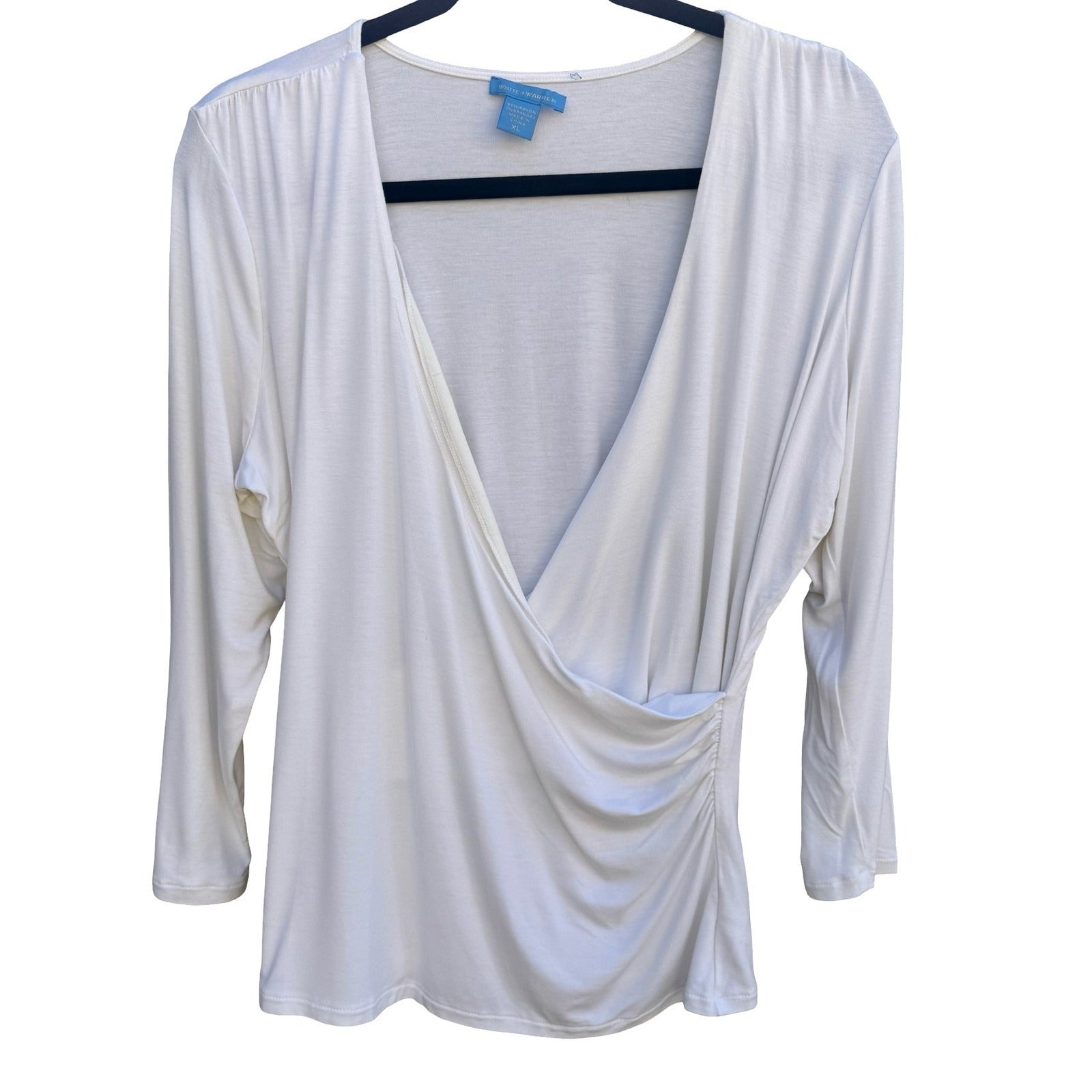 White Warren Womens XL White Faux Wrap Surplice V-Neck Ruched 3/4 Sleeve Top