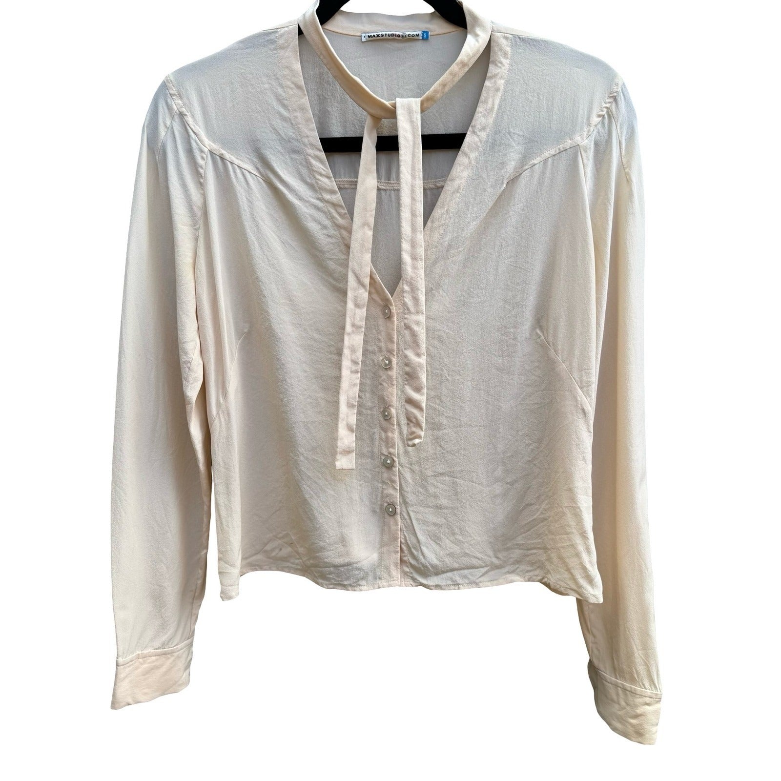 Max Studio Silk Coquette Romantic Minimalist Victorian Tie Neck Blouse Ivory S