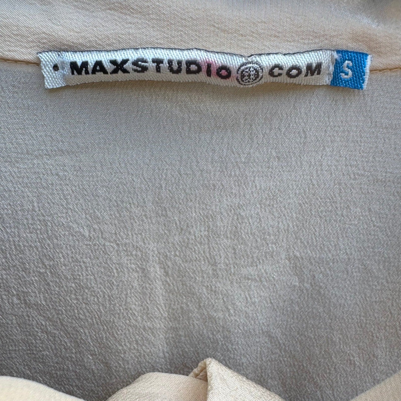 Max Studio Silk Coquette Romantic Minimalist Victorian Tie Neck Blouse Ivory S