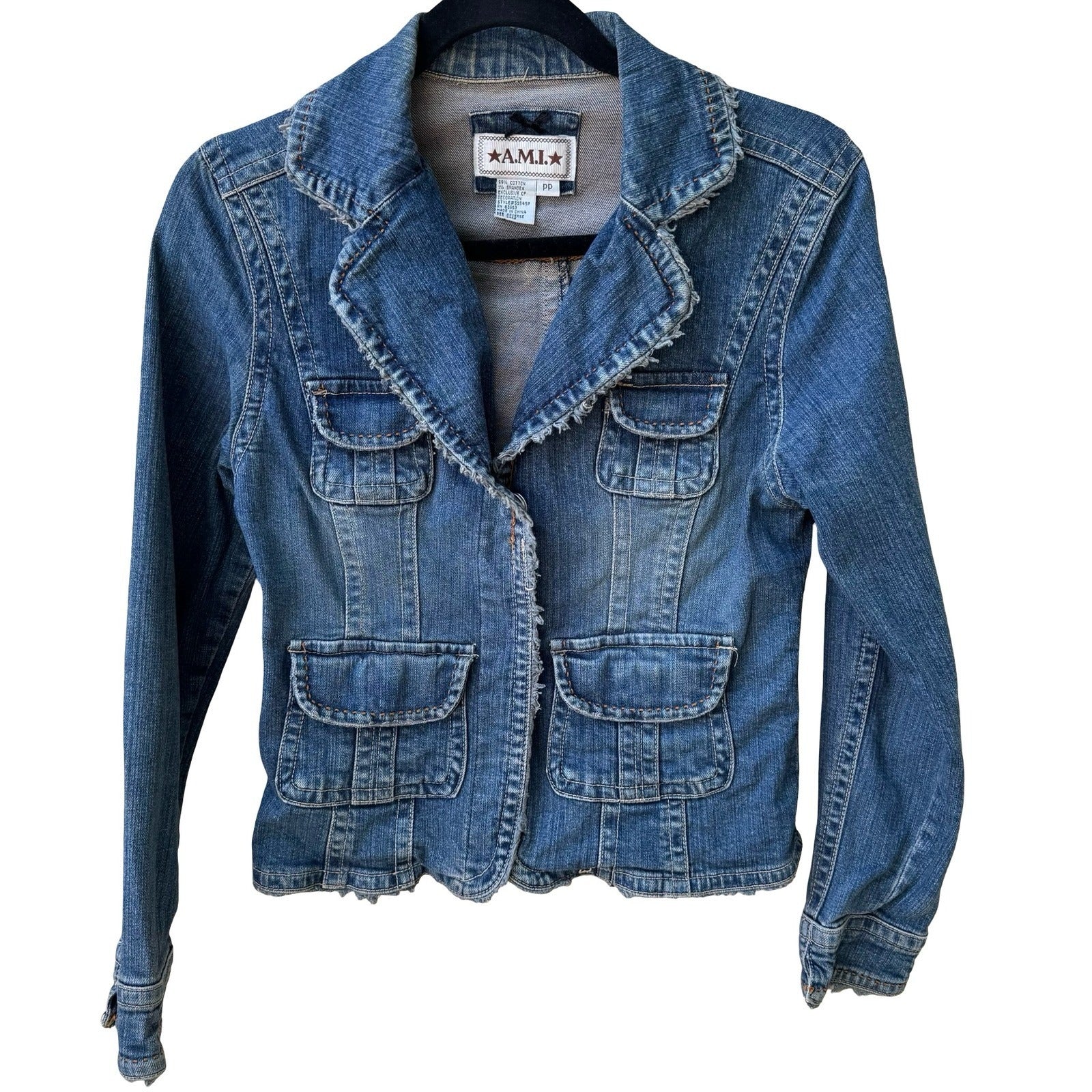 A.M.I. Y2K Boho Western Utility Indie Denim Jacket Raw Frayed Trim Snap Pocket S