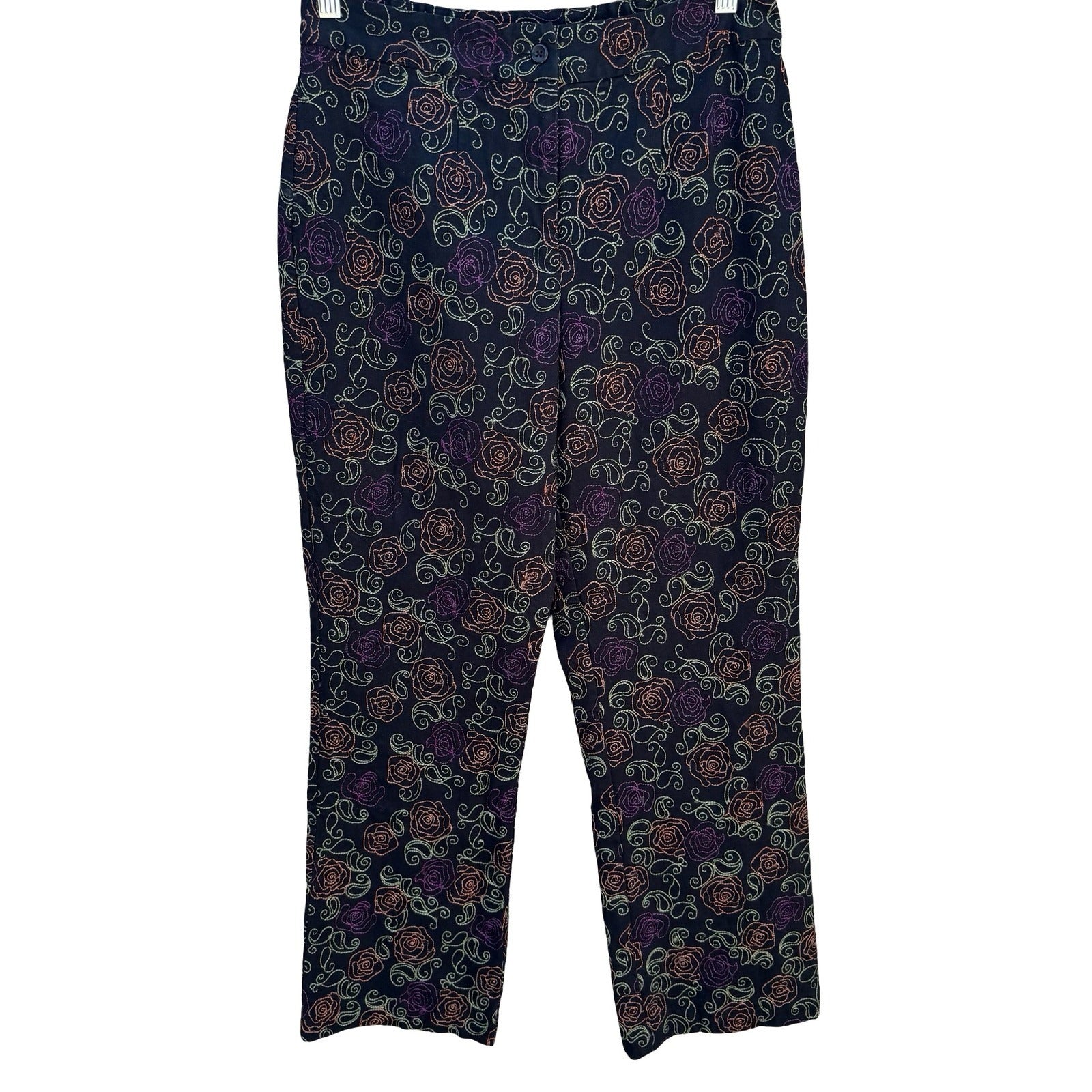 Coldwater Creek Womens 10 Black Floral Embroidered Straight Leg Pants Boho Artsy