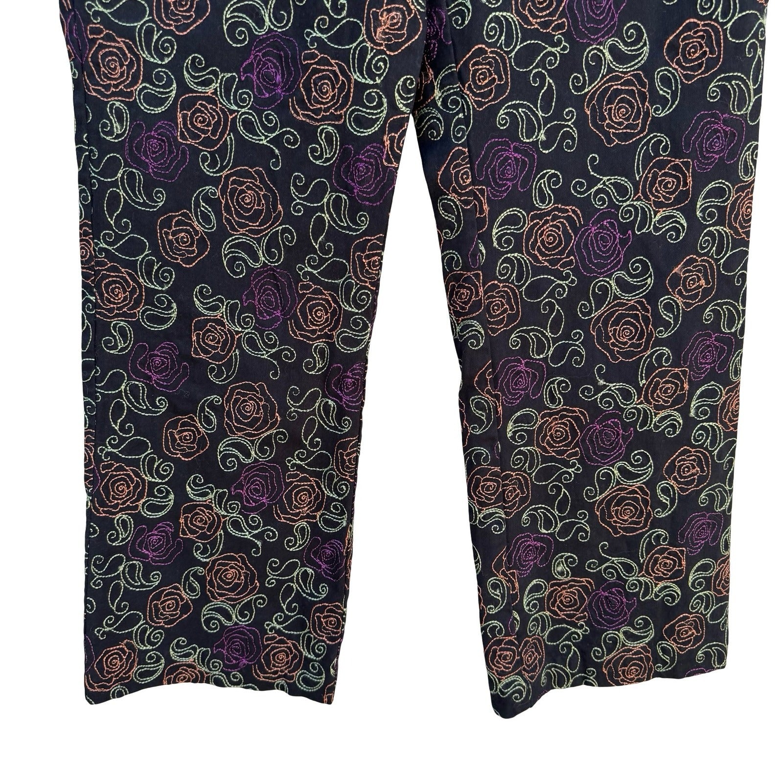 Coldwater Creek Womens 10 Black Floral Embroidered Straight Leg Pants Boho Artsy