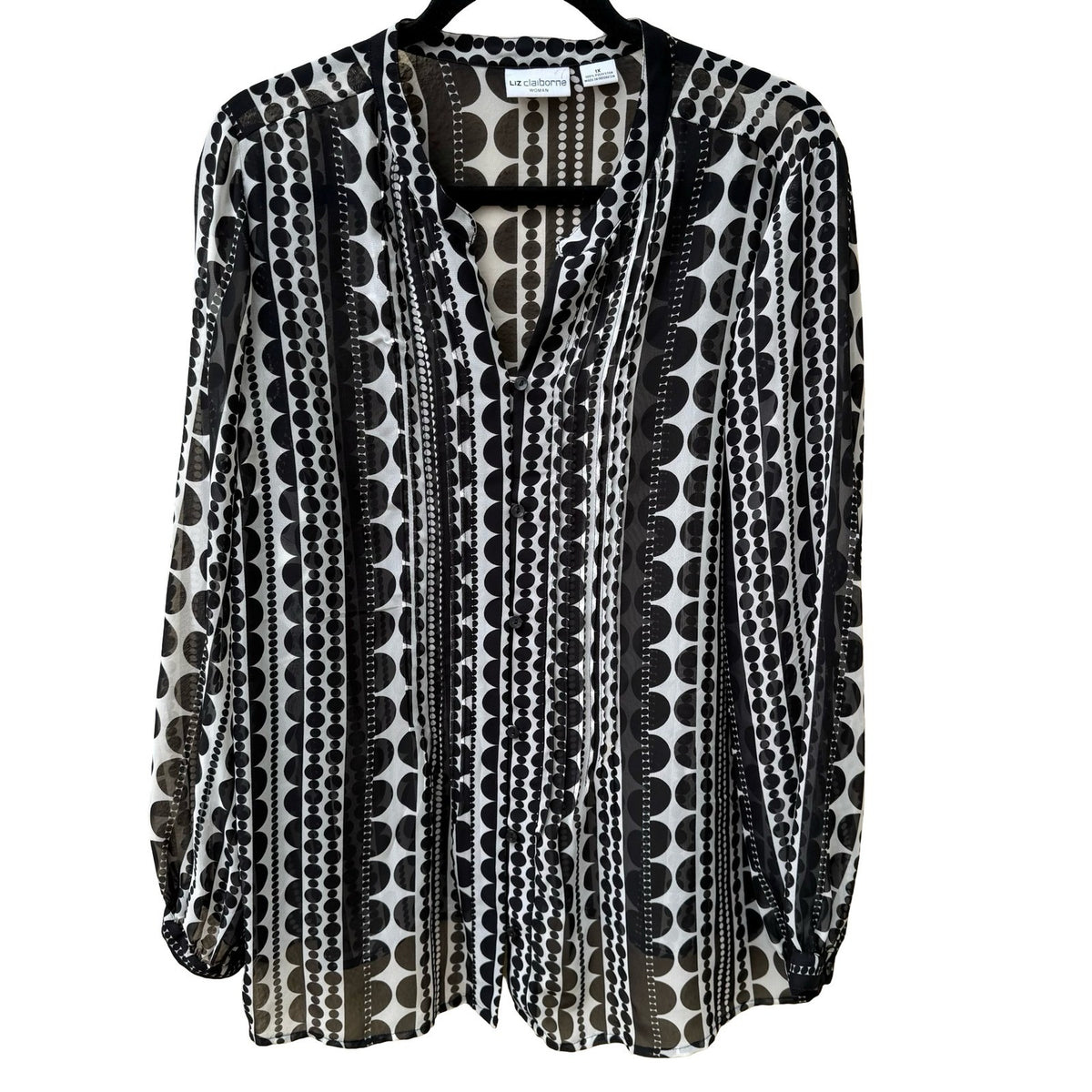 Liz Claiborne Mod Professional Geometric Dot Stripe Chiffon Blouse Black 1X