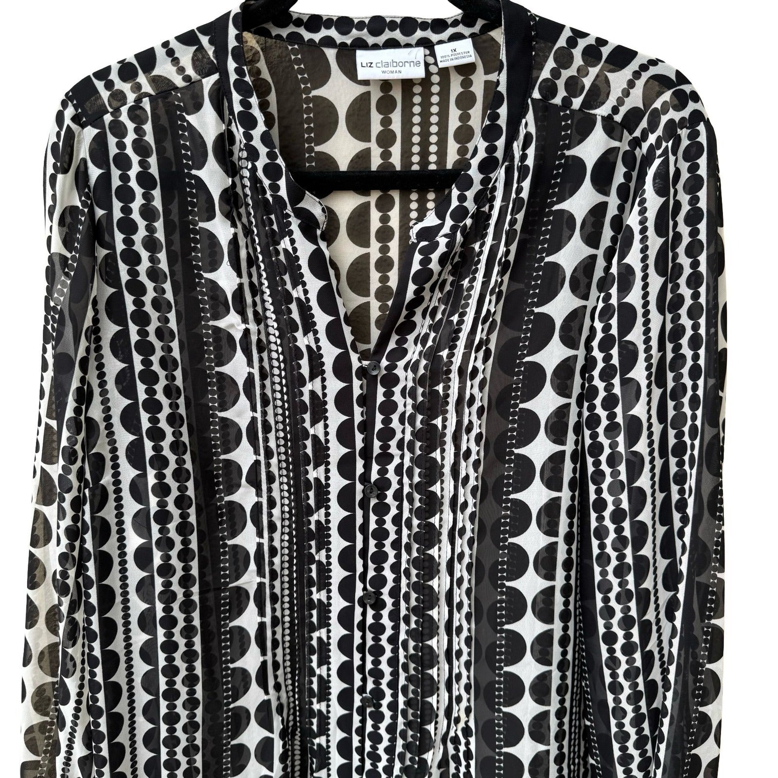 Liz Claiborne Mod Professional Geometric Dot Stripe Chiffon Blouse Black 1X