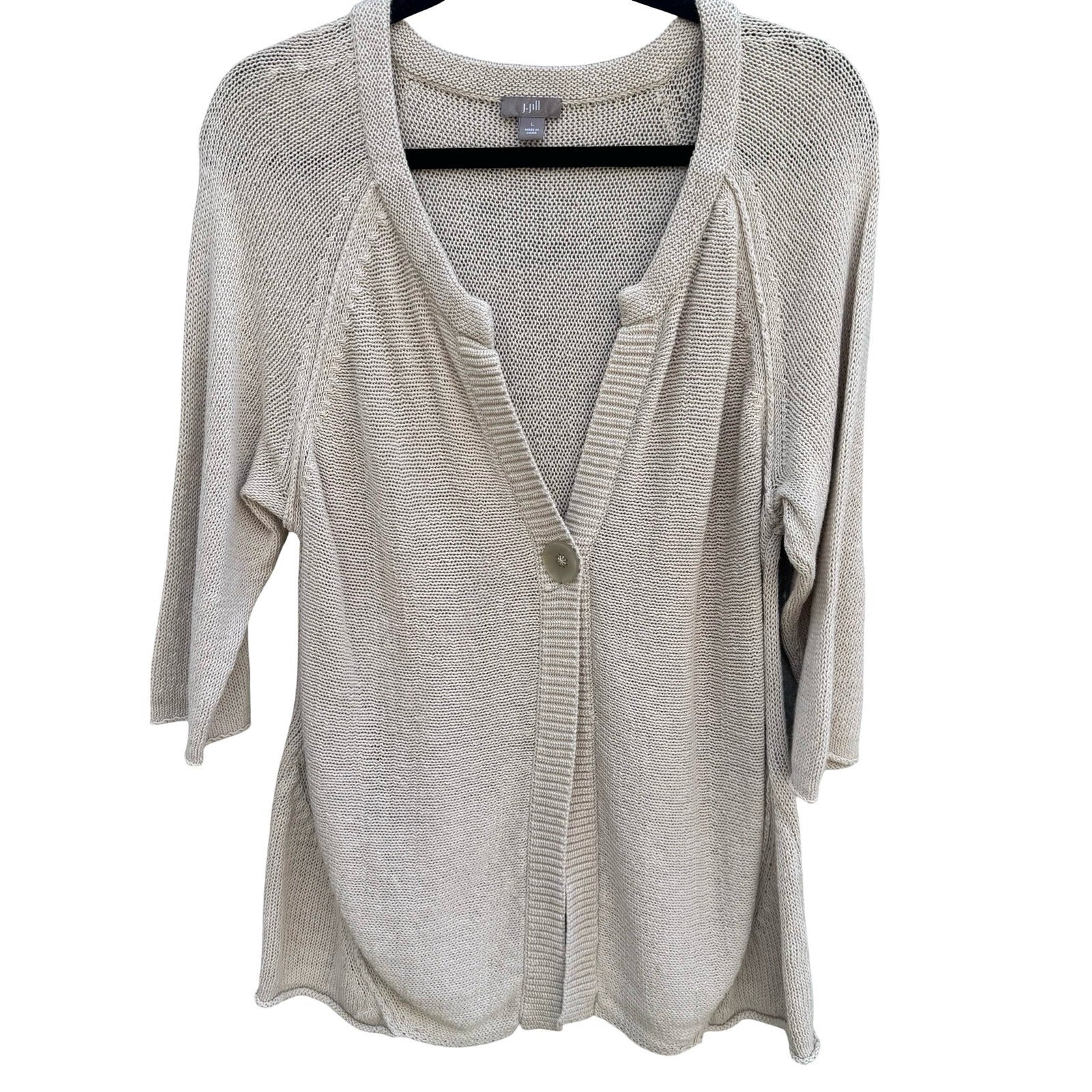 J Jill Linen Cotton Knit Cardigan Sweater Large Oatmeal 3/4 Sleeve 1-Button