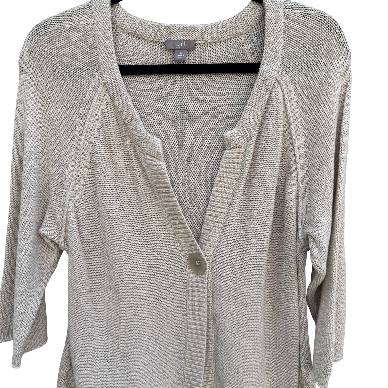 J Jill Linen Cotton Knit Cardigan Sweater Large Oatmeal 3/4 Sleeve 1-Button