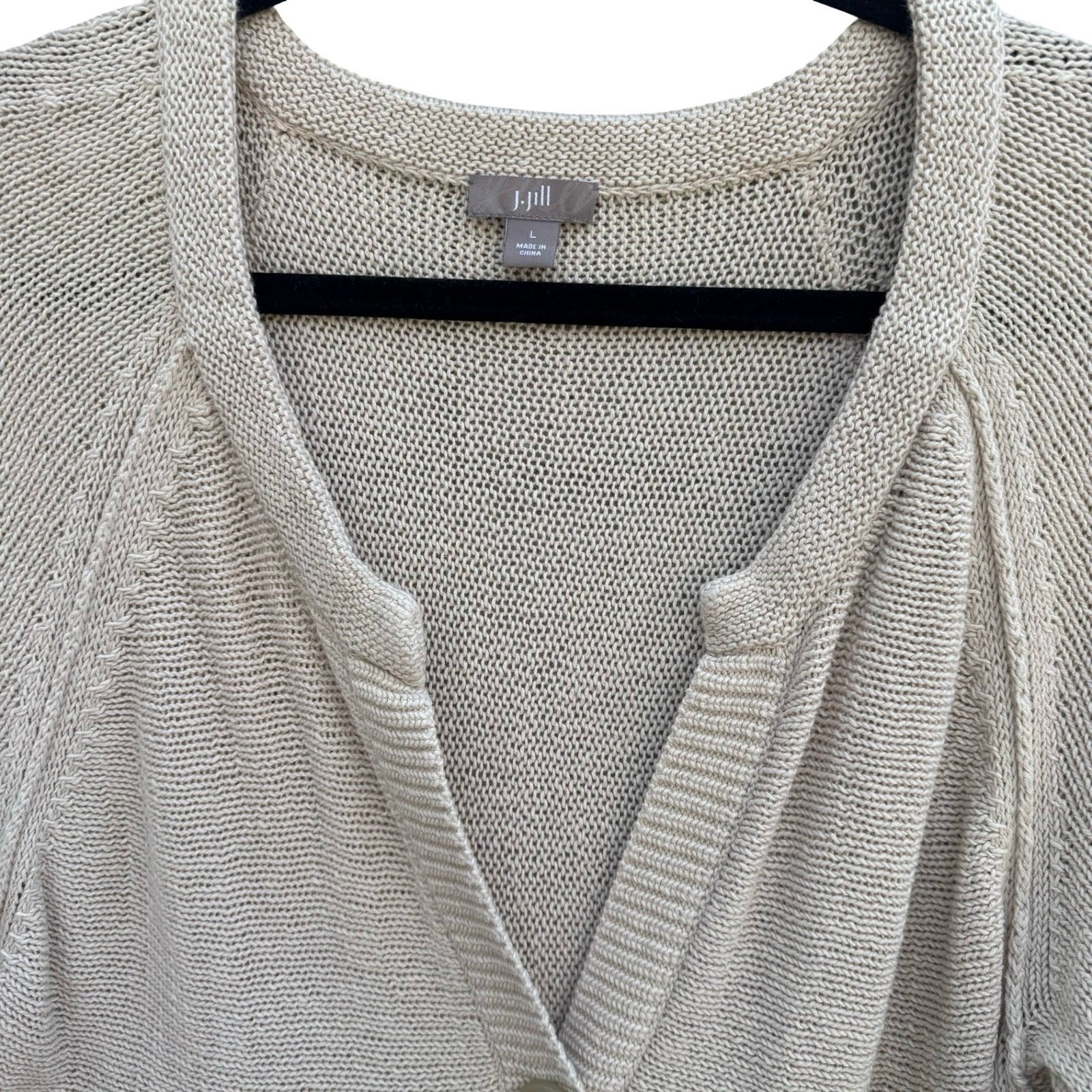 J Jill Linen Cotton Knit Cardigan Sweater Large Oatmeal 3/4 Sleeve 1-Button
