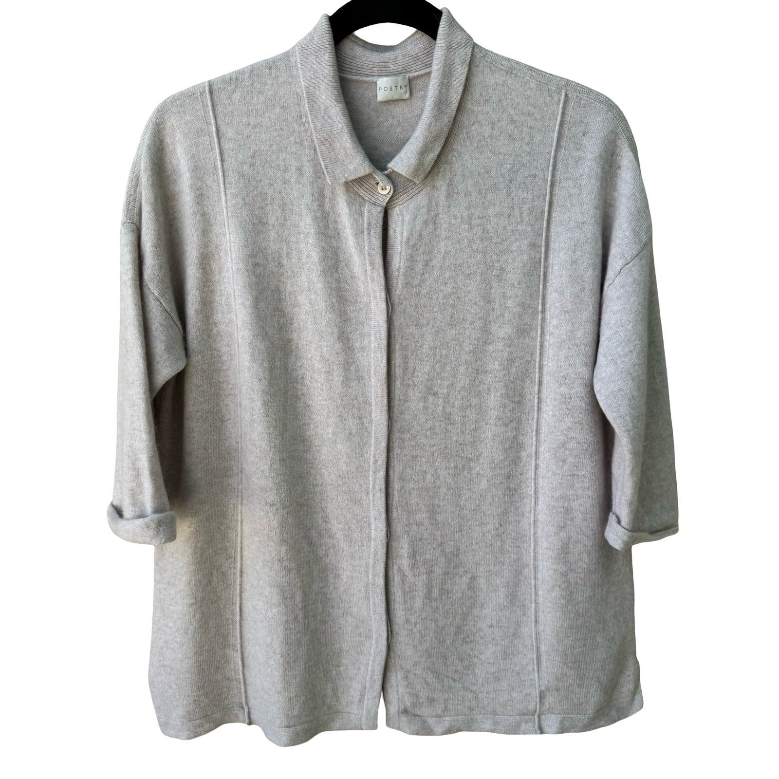 Poetry 100% Cashmere Quiet Luxury Oatmeal Collared 3/4 Sleeve Cardigan Sweater 4